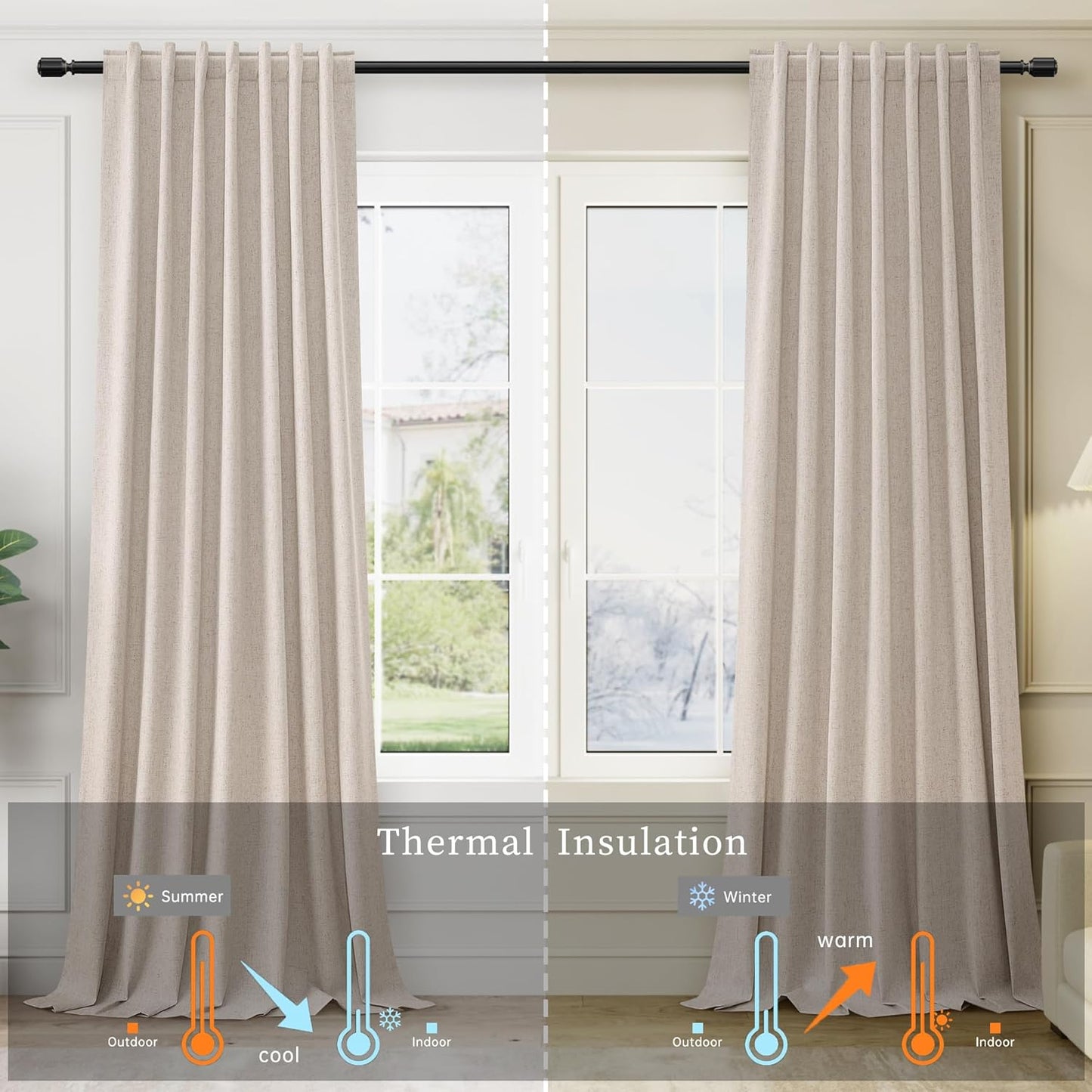 BOODII Oatmeal 120 Inch Long Blackout Curtains for Living Room Linen Blend Back Tab Neutral Modern Room Darkening Curtains Thermal Insulated Black Out Curtain for High French Window Warm Taupe