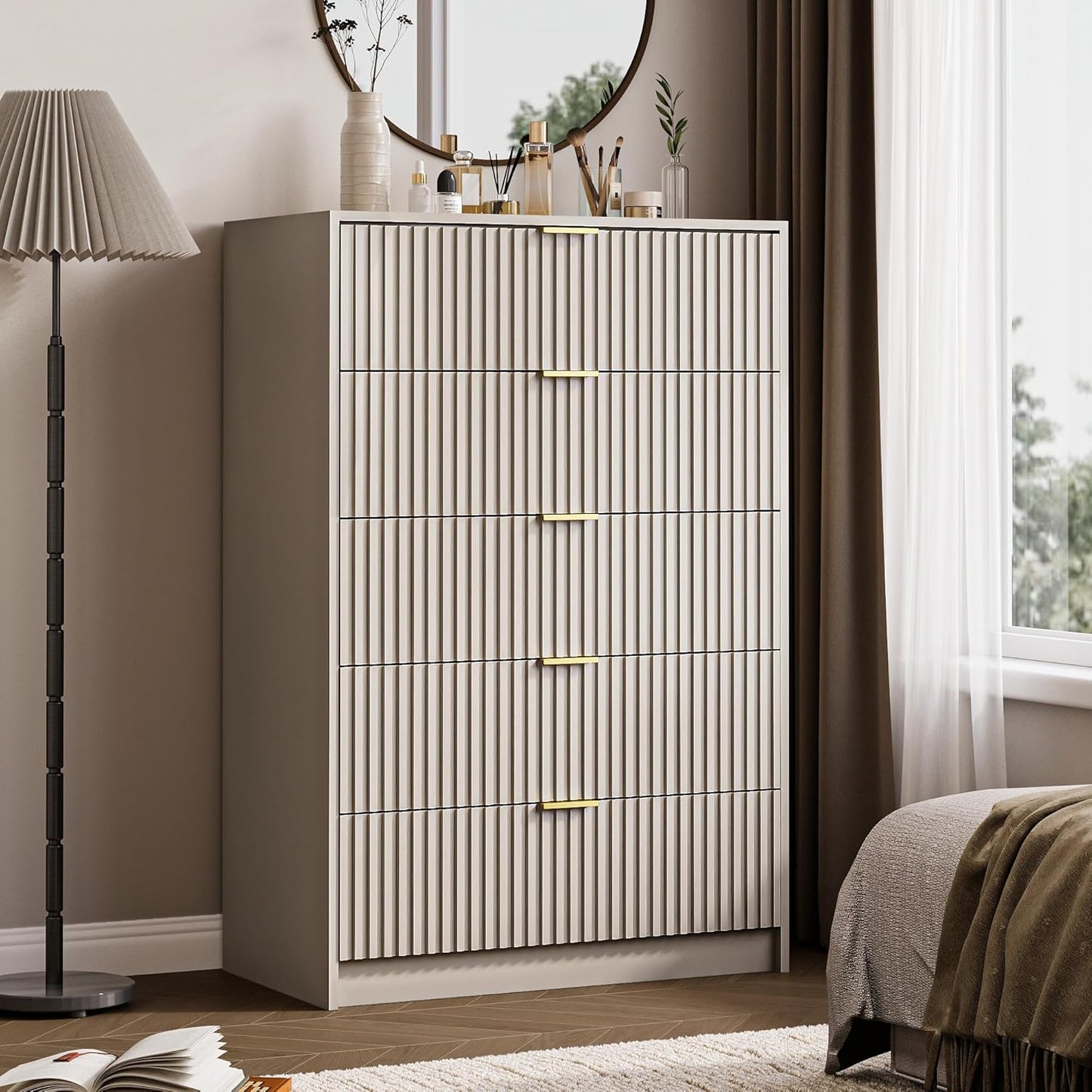 5 Drawer Dresser for Bedroom, Tall Dresser Chest of Drawers with Gold Handles, 32 Inch Wide Nightstand with for Bedroom, Living Rooms, Offices, and Entryways, Beige