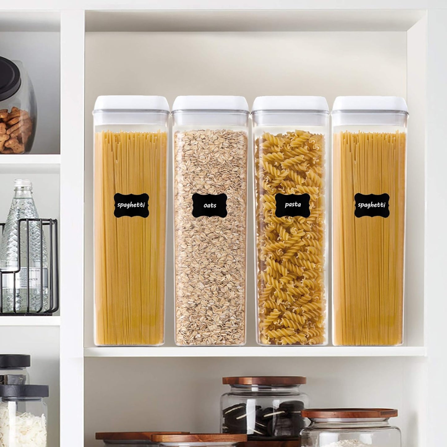 Vtopmart 4 PCS Airtight Food Storage Containers, BPA Free Plastic Spaghetti Pasta Containers with Easy Lock Lids, for Kitchen Pantry Organization and Storage, Include 24 Labels, 1.8L