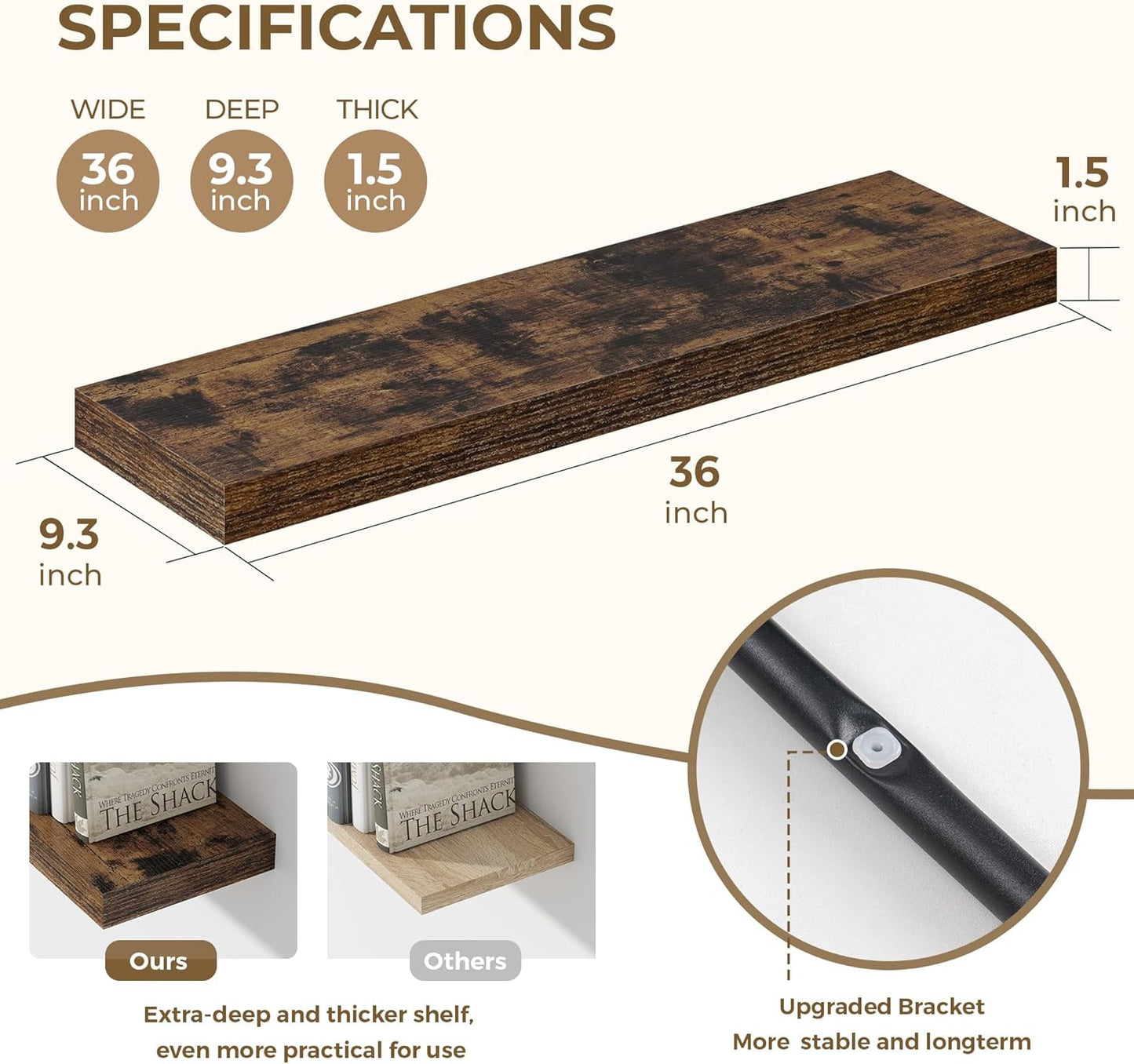 Dreamland 36 Inches Floating Shelves for Wall, 9.3" Deep Long Floating Shelves Set of 2, Large Display & Storage Shelf, Wall Shelf for Bathroom Bedroom Living Room Kitchen Office, Rustic Brown