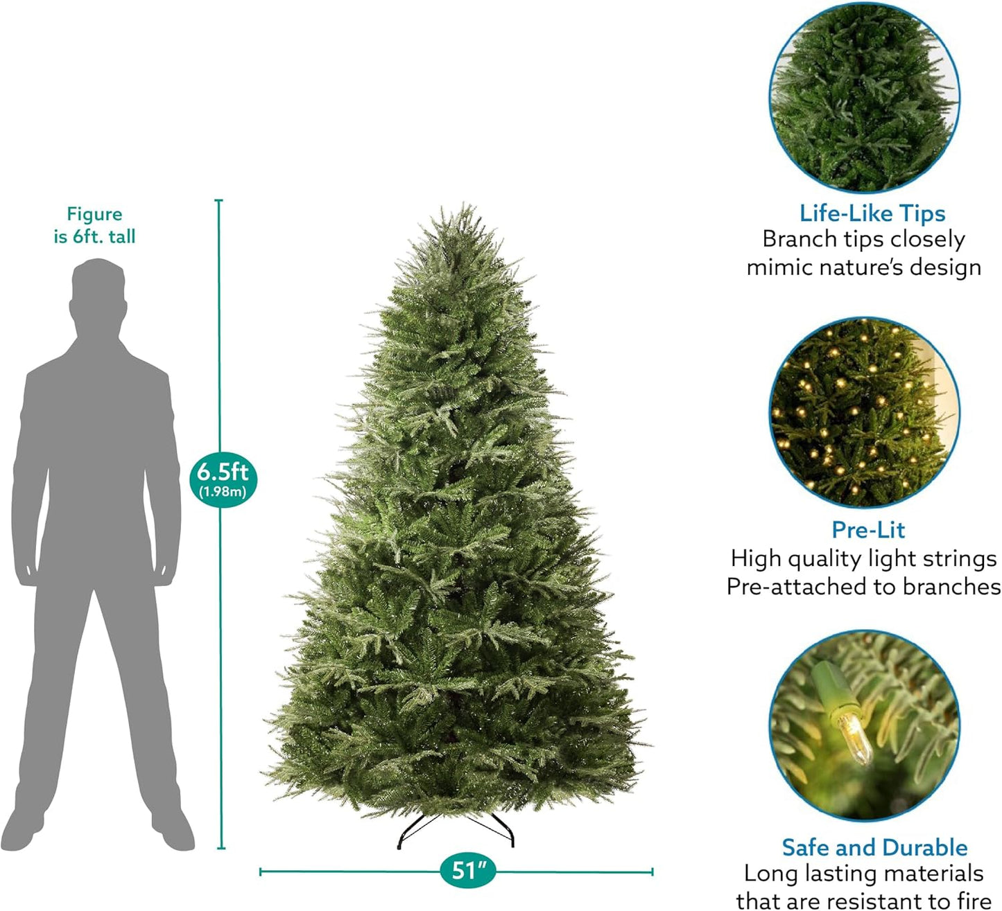 Camden 6.5ft Prelit Artificial Christmas Tree with Foot Pedal, 2041 Branch Tips, 400 Warm Lights and Metal Stand, 51" Wide Realistic Hinged Christmas Tree with Lights by Naomi Home