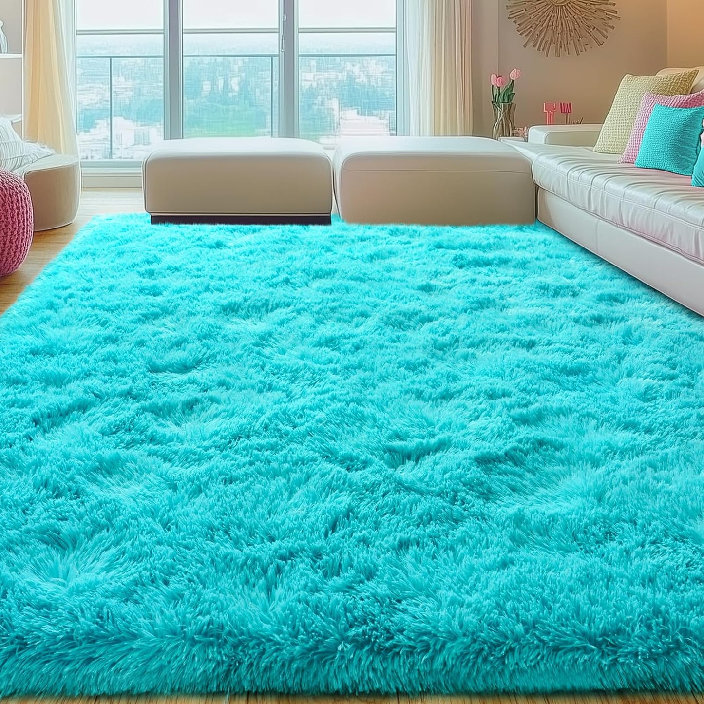 Rezutan Super Soft Fluffy Rug for Living Room Bedroom Large Comfy Modern Shaggy Fuzzy Plush Indoor Nursery Classroom Home Decor Bedside Rug with Non-Slip Bottom,Teal Blue,6 X 9 Feet