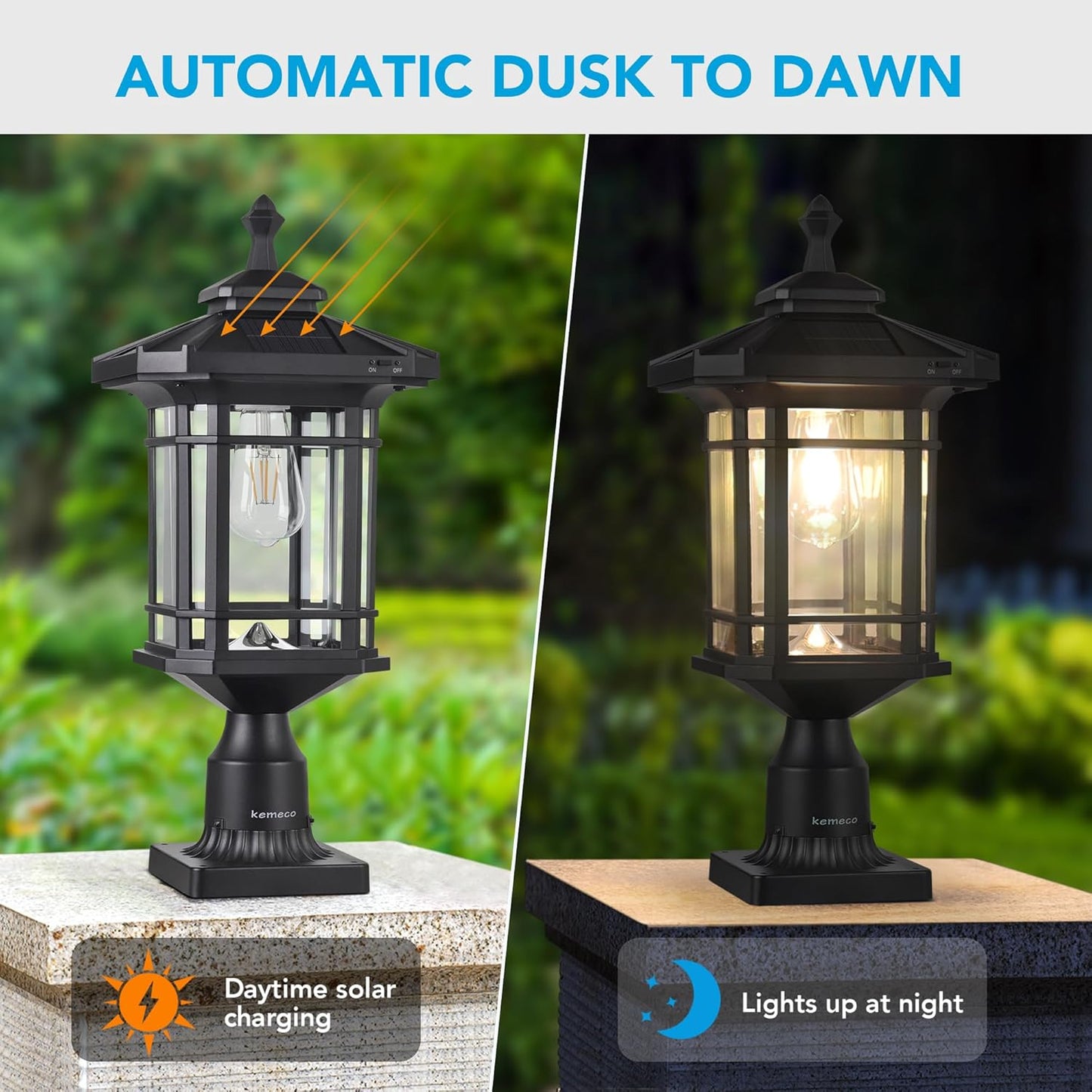 Kemeco Solar Post Light Outdoor, ST4338Q Dusk to Dawn Post Lamp Solar Powered with Pier Mount Base for Pole Pillar Gates Yard Garden Pathway