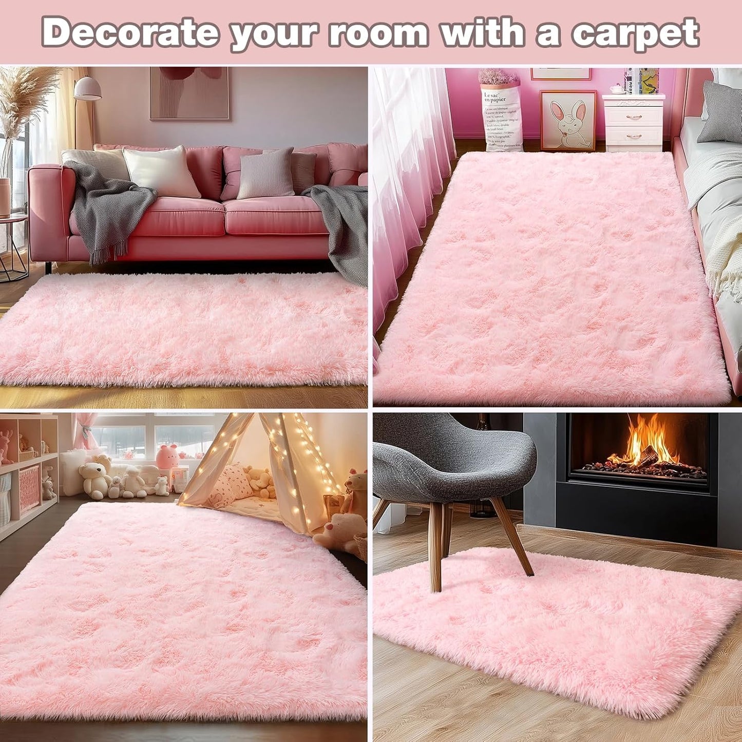 Rezutan Soft Fluffy Rug for Living Room Bedroom, Large Comfy Modern Shaggy Fuzzy Kids Rug, Plush Indoor Nursery Classroom Home Decor Bedside with Non-Slip Bottom, Pink, 5X7 Feet