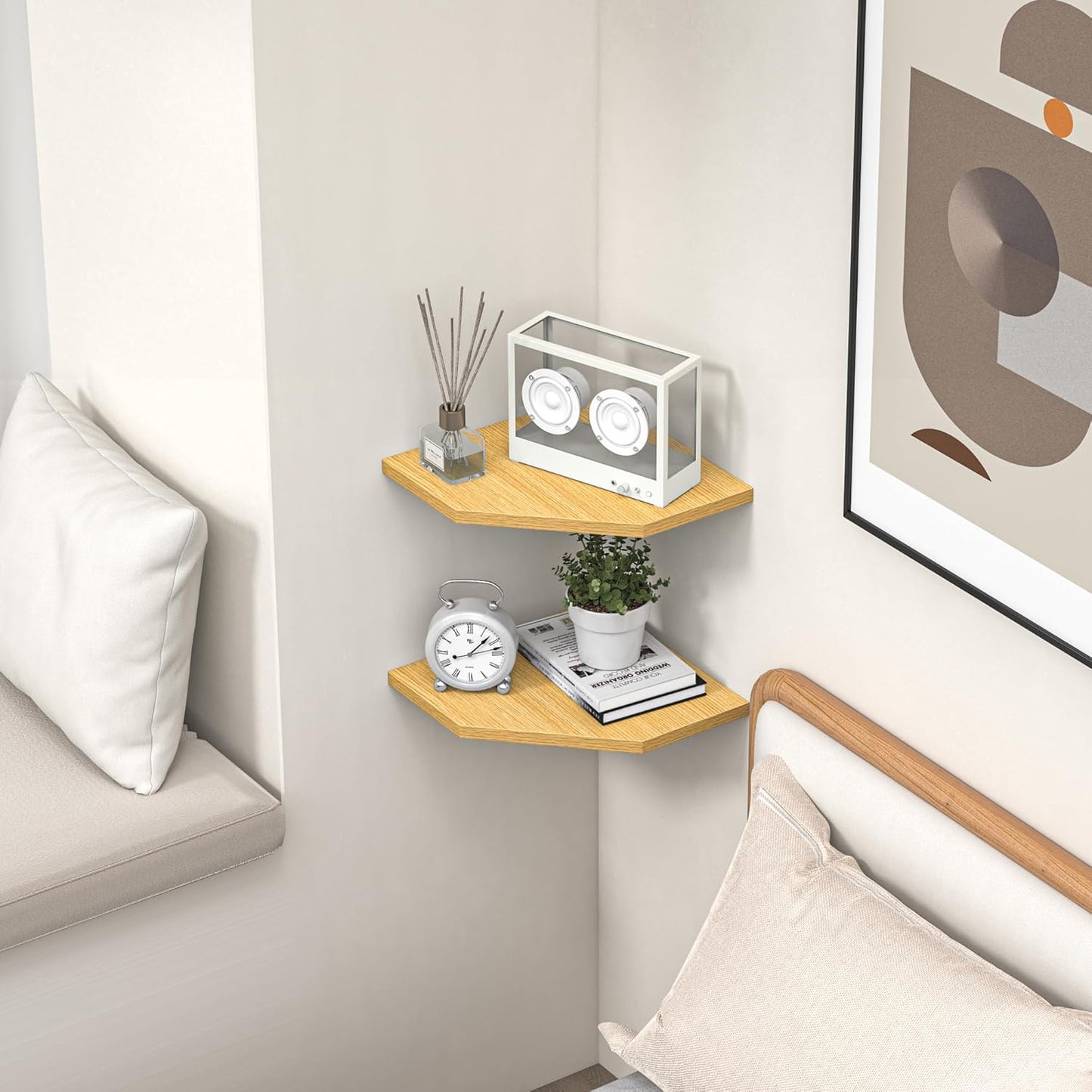 Corner Shelf Wall Mount, Floating Corner Shelves, Set of 2 Corner Wall Shelf Organizer, Rustic Wood Wall Storage Display Shelves for Living Room Bedroom Bathroom Kitchen, Rustic Brown, Oak