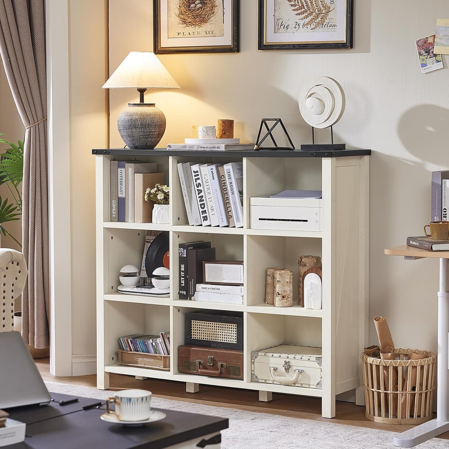 9 Cube Bookcase, Farmhouse 47 Inch Wide White Bookshelf, Wooden 3 Tier Display Large Open Book Shelf, Vintage Horizontal Book Case for Home Office, Cubby Storage Cabinet for Living Room