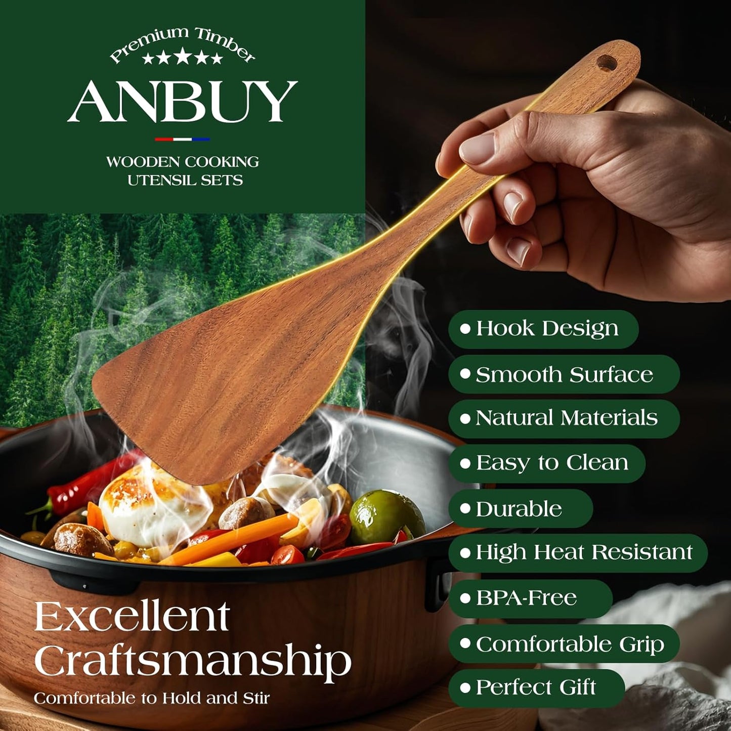ANBUY Teak Wood Kitchen Utensils Set, Heat Resistant Wooden Spoons for Cooking, 10 Pcs Cooking Utensils Set Wooden, Wood Utensils Set for Cooking Food