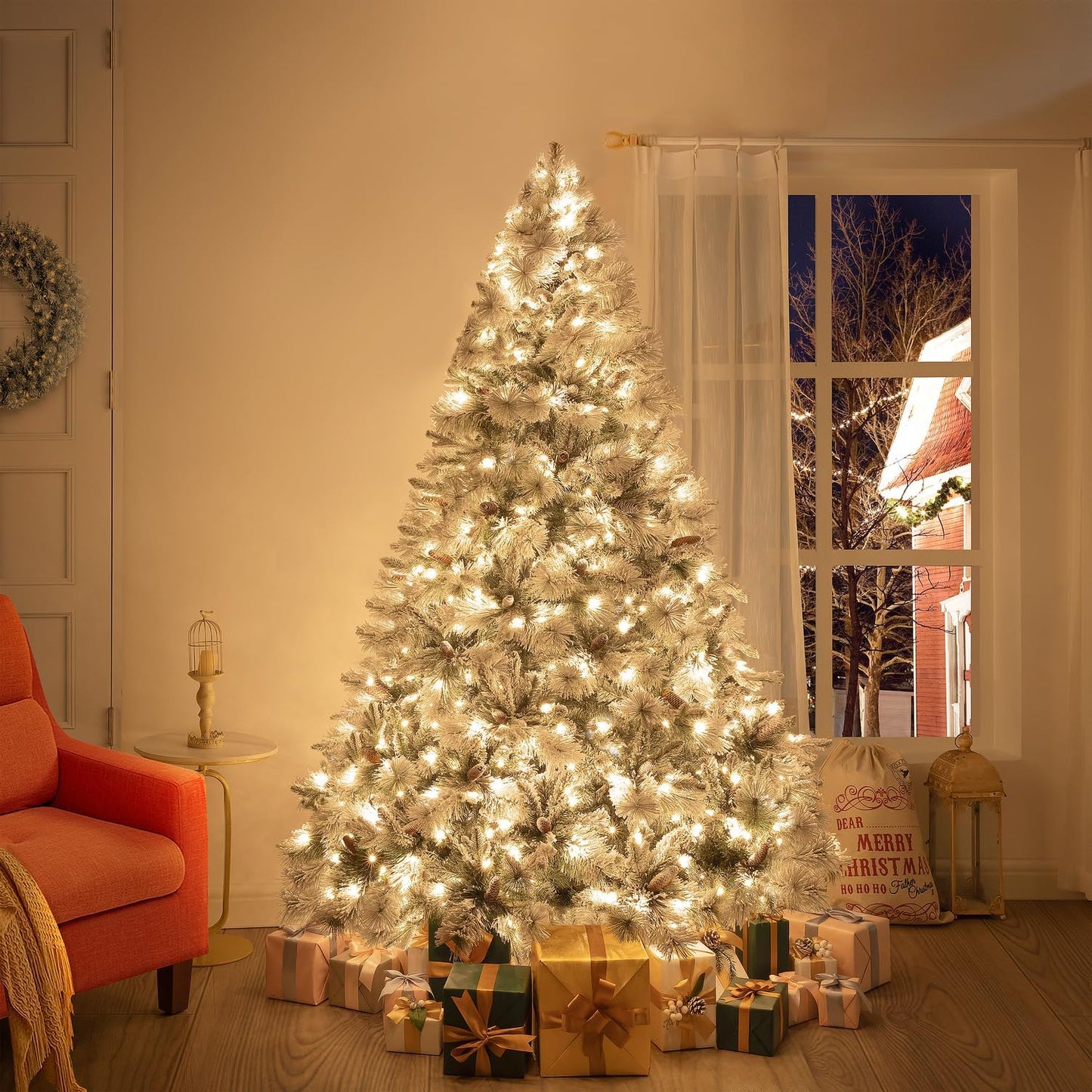 Glasgow 6.5ft Frosted Prelit Artificial Christmas Tree with Pine Cones, Foot Pedal, 1040 Branch Tips, 650 Warm Lights & Metal Stand, 56" Wide Realistic Snow Flocked Pine Christmas Tree with Lights