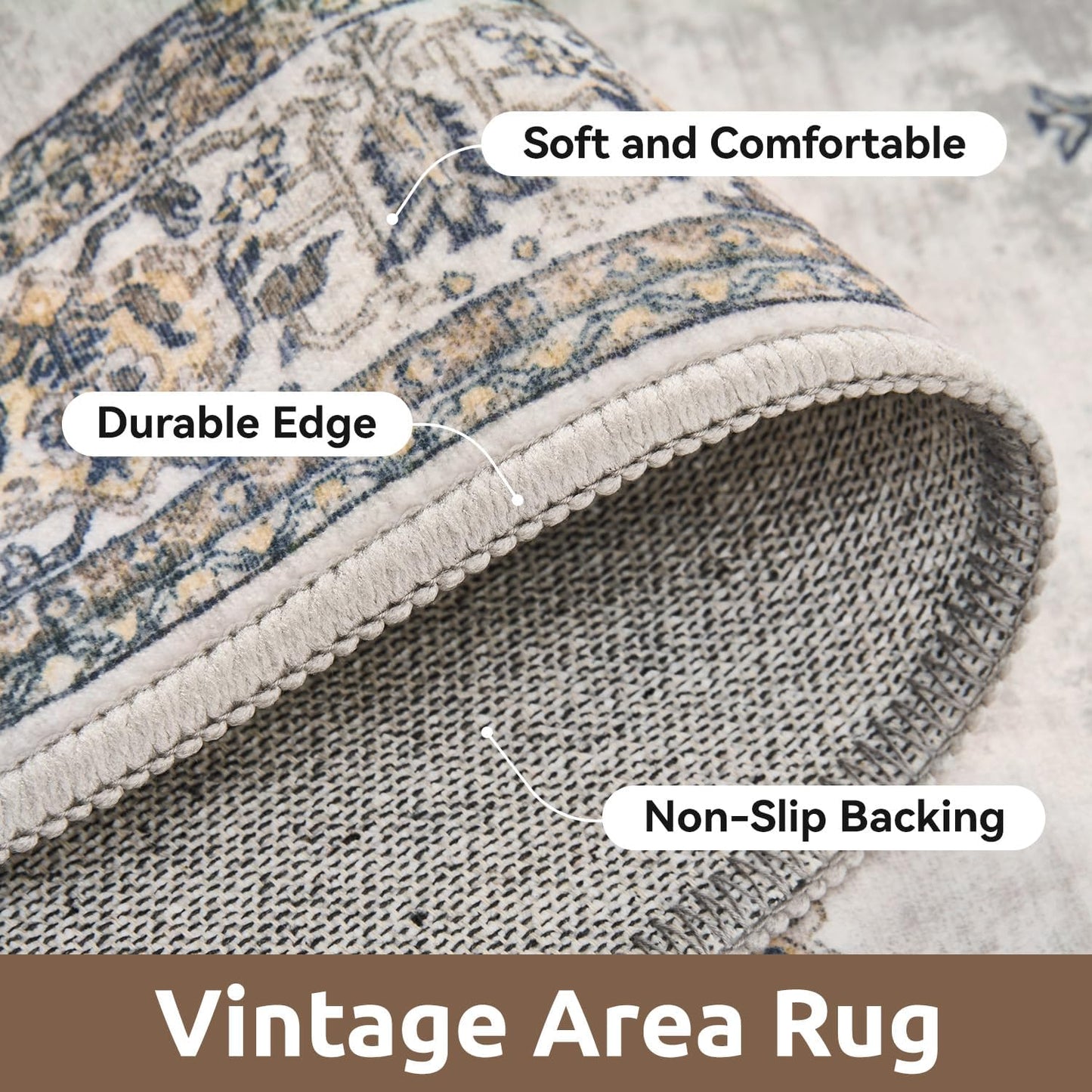 AMOAMI-Vintage Area Rug 5X7 Grey Rugs for Living Room-Soft Living Room Rug Non Slip Rugs for Bedroom Carpet Machine Washable Rug for Dining Room Bedside Office Room Decor