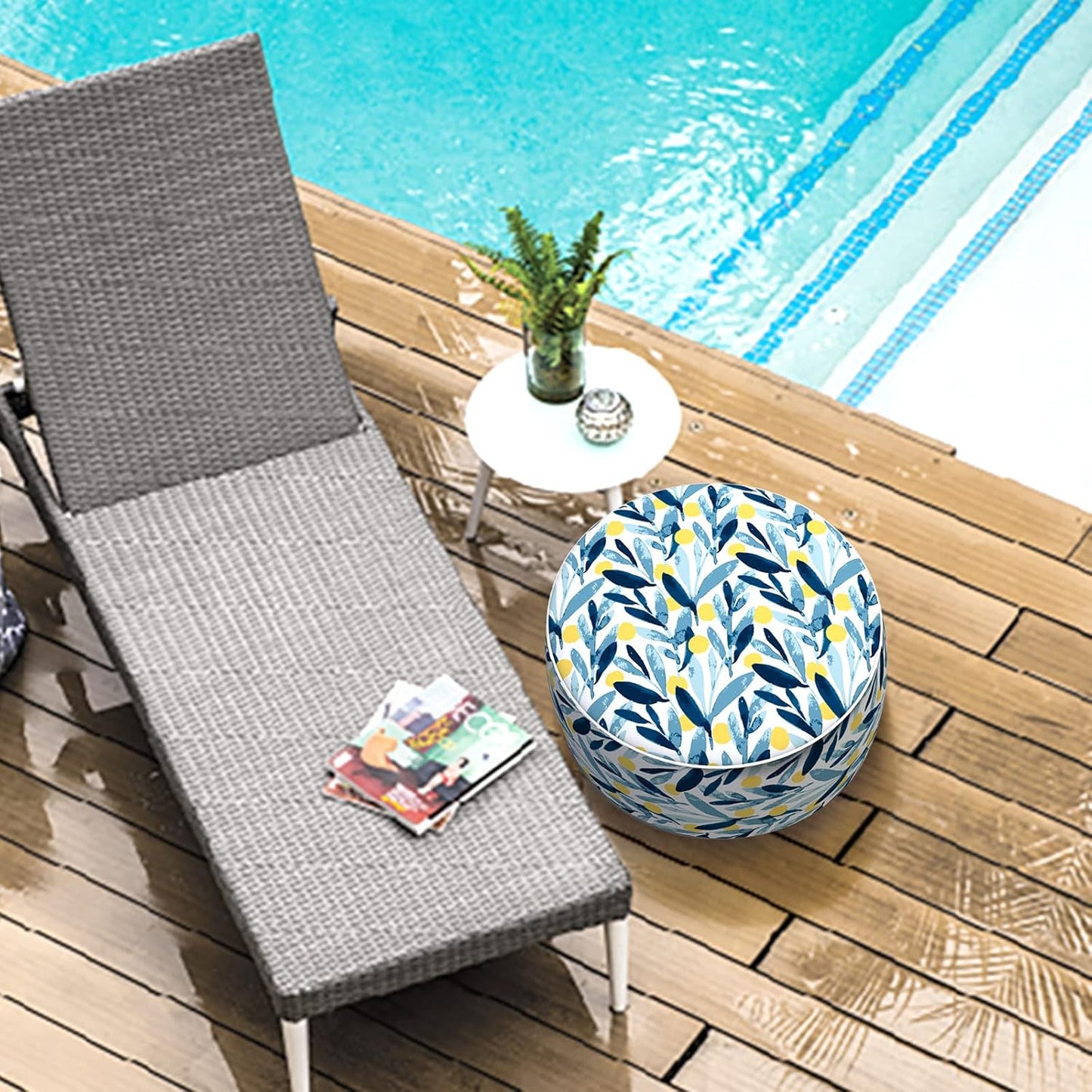 LVTXIII Outdoor/Indoor Inflatable Stool Ottoman, All Weather Patio Footrest Pouf, Portable Round Ottoman for Patio Garden, Camping or Home, D21xH9 Inches, Blue Leaves