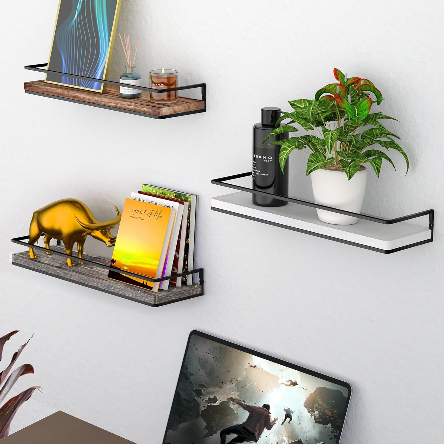 Meangood Floating Shelves Wall Mounted Set of 2, Wall Shelf with Towel Bar Rustic Wood Wall Storage Shelves for Bedroom,Living Room,Bathroom, Kitchen Pine