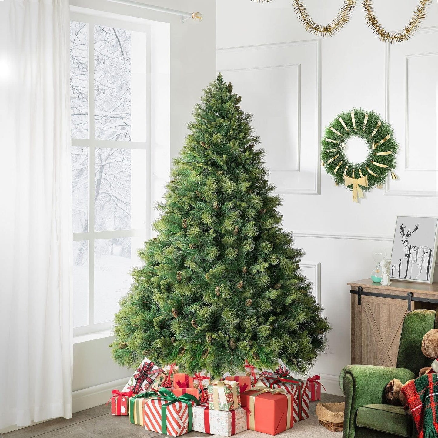 Naomi Home 4.5ft Christmas Tree with Lights, Realistic Traditional Prelit with Pine Cones, Foot Pedal 561 Branch Tips, 300 Warm Lights and Metal Stand, Aritificial Tree