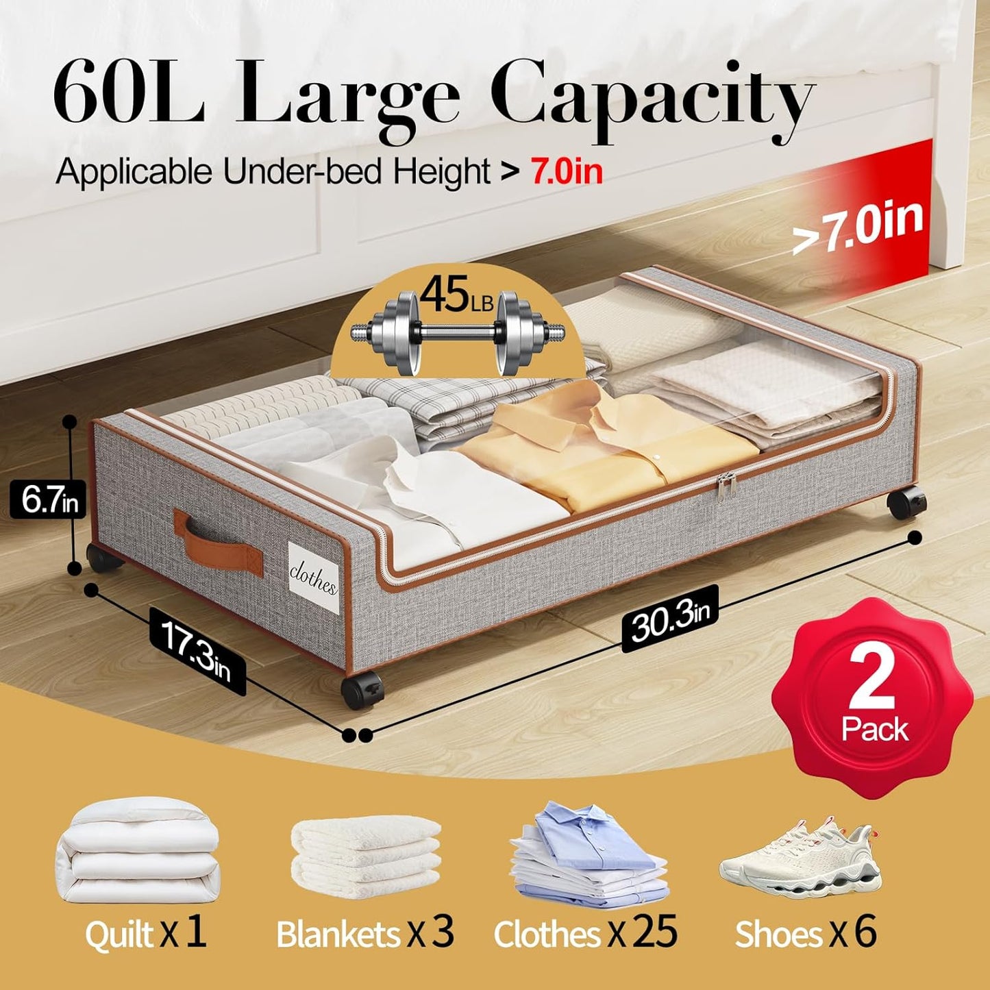 Yecaye Under Bed Storage with Wheels, 2 Pack Under Bed Storage Containers with Clear Lids & Label, XXL Large Lapacity Rolling Under Bed Drawers for Clothes, Shoes, Blankets
