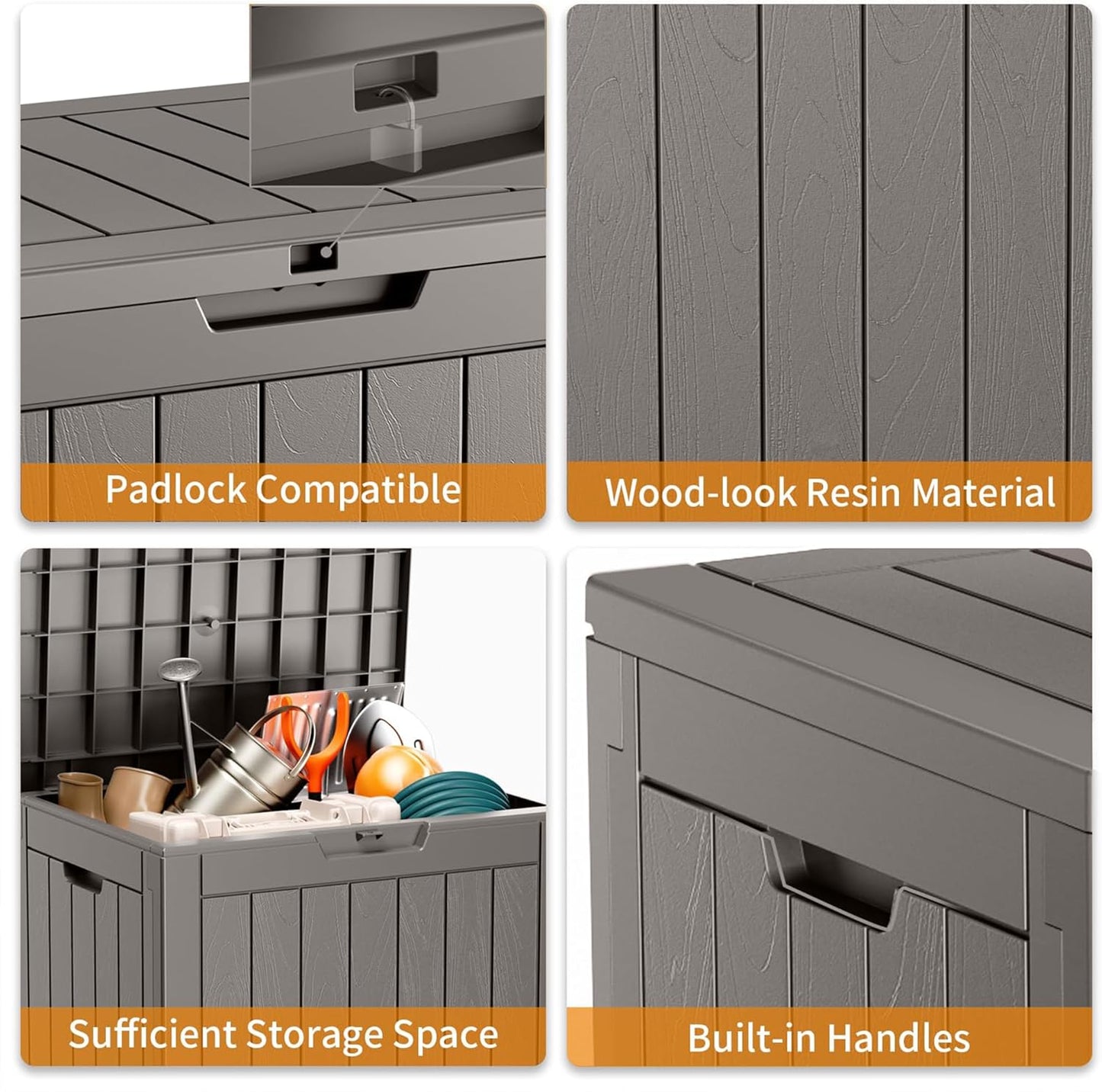 31 Gallon Resin Deck Box, Lockable Patio Outdoor Storage Box for Furniture, Garden Tools and Tools Storage, Waterproof Outside Storage Boxes - Grey