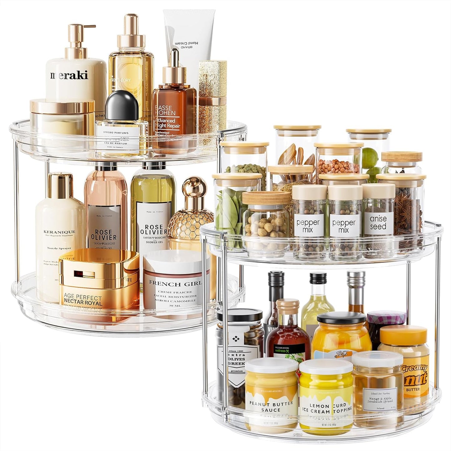 LAMU 2 Pack 10.6'' 2-Tier Lazy Susan Turntable Organizer Rotating Spice Rack Organization for Cabinet, Kitchen, Pantry, Countertop, Bathroom, Vanity, Makeup Organizer, Clear