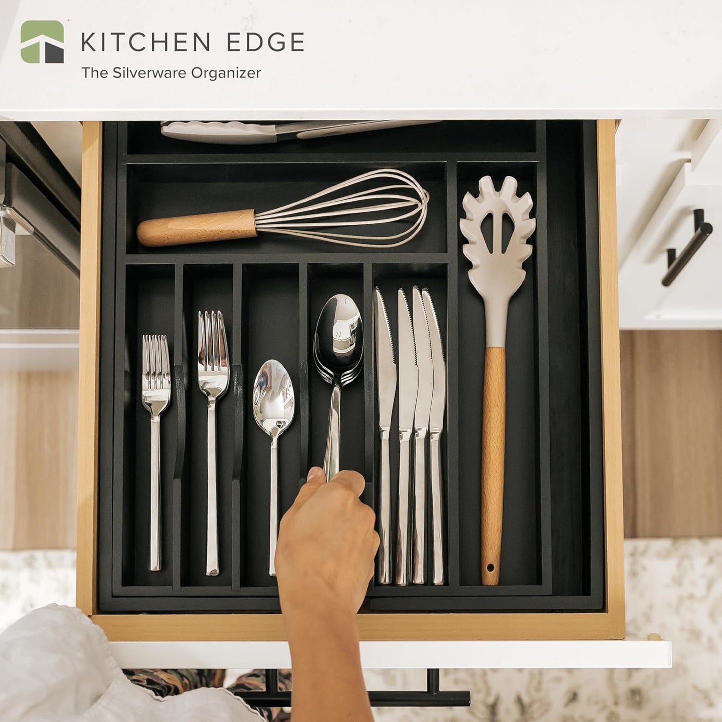 Premium Silverware, Flatware and Utensil Organizer for Kitchen Drawers, Food-Safe Contract Grade, Expandable from 14.5 to 25 In, Black Bamboo