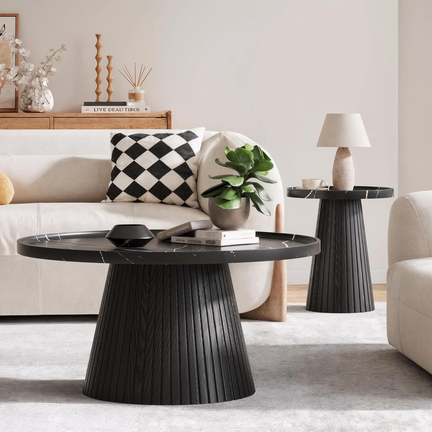 win2win Nesting Coffee Table Set of 2, Modern Coffee Table with Marble Veneer, Fluted Round Tea Table and End Table Set, Minimalist Center Tables for Living Room, Office, Black