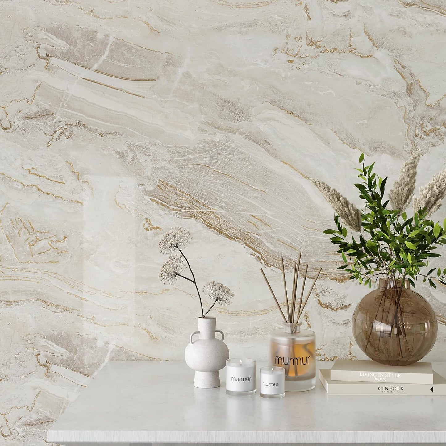 VEELIKE 15.7''x118'' Beige Gold Liquid Marble Contact Paper for Countertops Peel and Stick Waterproof Granite Countertop Paper Self Adhesive Marble Wallpaper Vinyl Roll for Kitchen Bathroom Table Wall