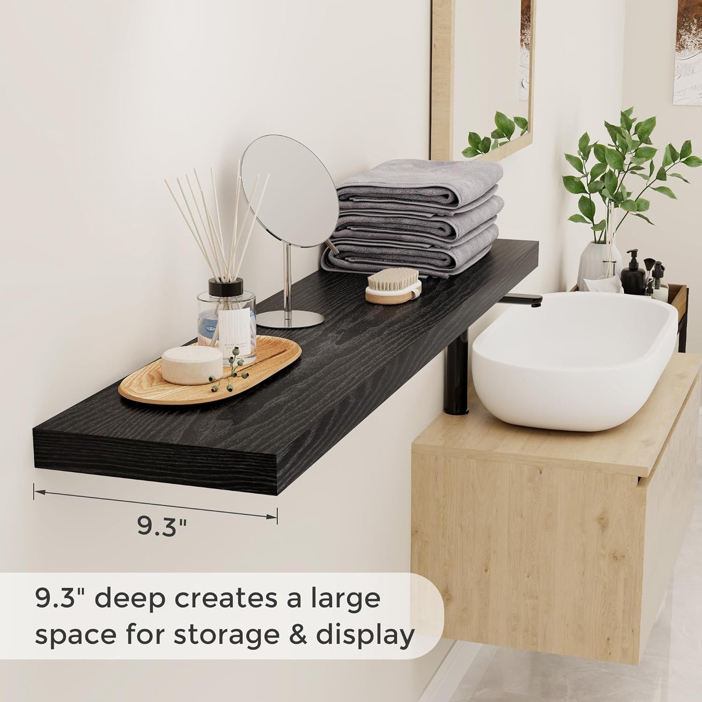 48 Inch Floating Shelves Black, Rustic Wood Floating Shelf Wall Mounted, 9 Inch Deep Floating Shelf for Kitchen, Bedroom, 48 x 9 Wall Shelves for Home Storage, Set of 1