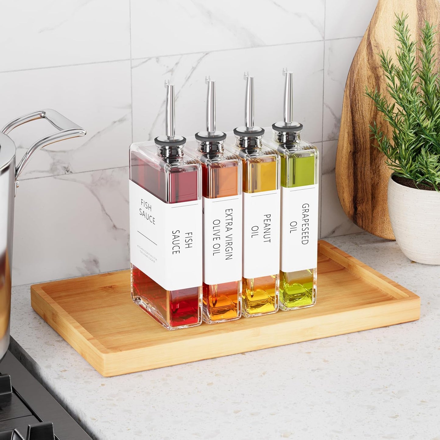 New England Stories Kitchen Cooking Oil Dispenser Set, Olive Oil and Vinegar Bottles, Soy Sauce Dispenser - 4 Pieces, Silver, Durable & Stylish Design