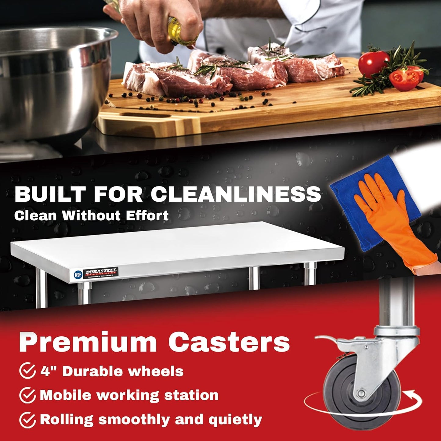 DuraSteel 30x30 NSF Stainless Steel Cart - Heavy Duty Rolling Food Prep Table with Undershelf - Metal Utility Cart for Commercial Restaurant Kitchen, Laundry, Outdoor Portable BBQ Grill