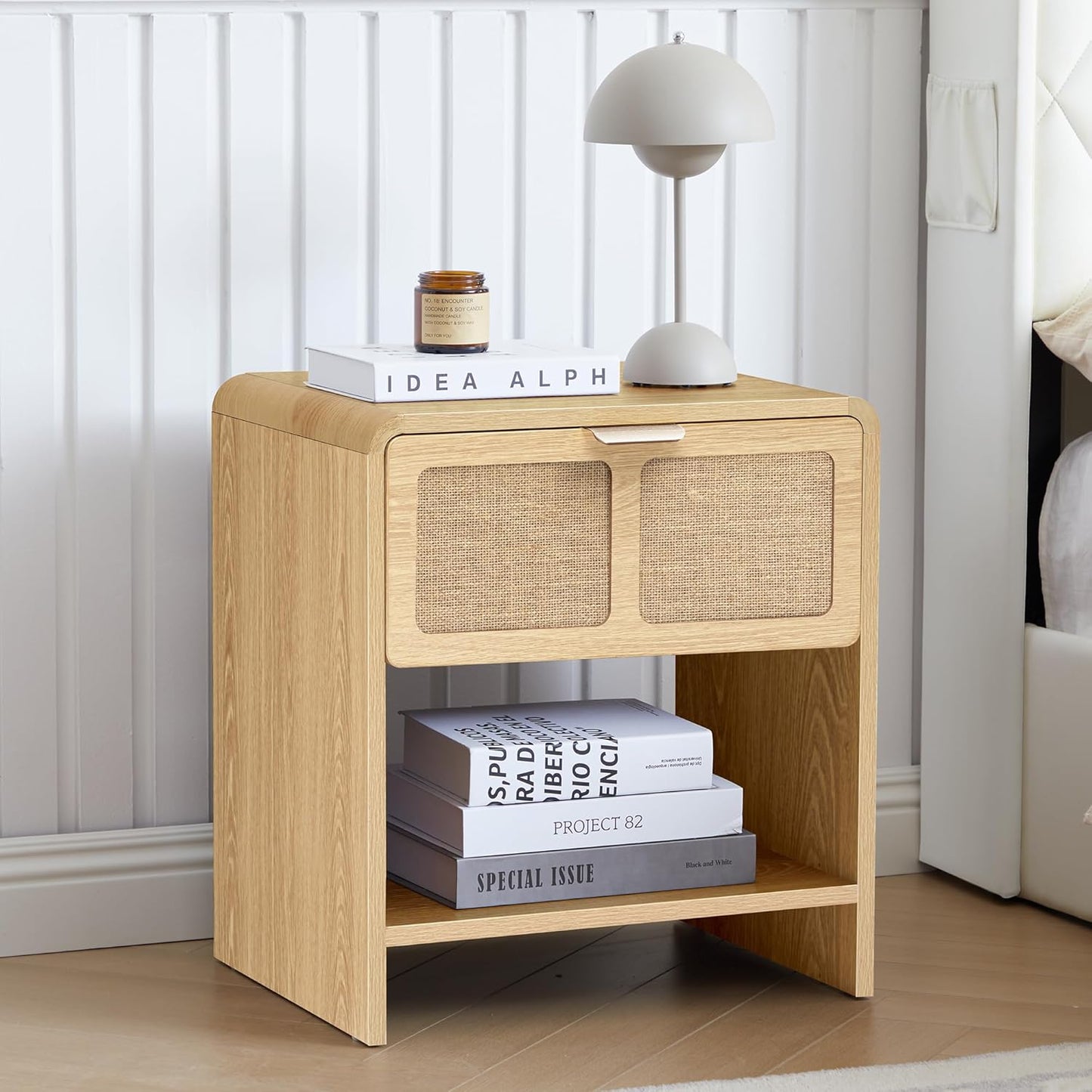 LEVNARY Nightstand with Charging Station, Mid-Century Modern Bedside Table with Curved Top Corners and Fabric-Like Textured Drawer, Wooden End Table for Farmhouse Bedroom Living Room (1, Natural)