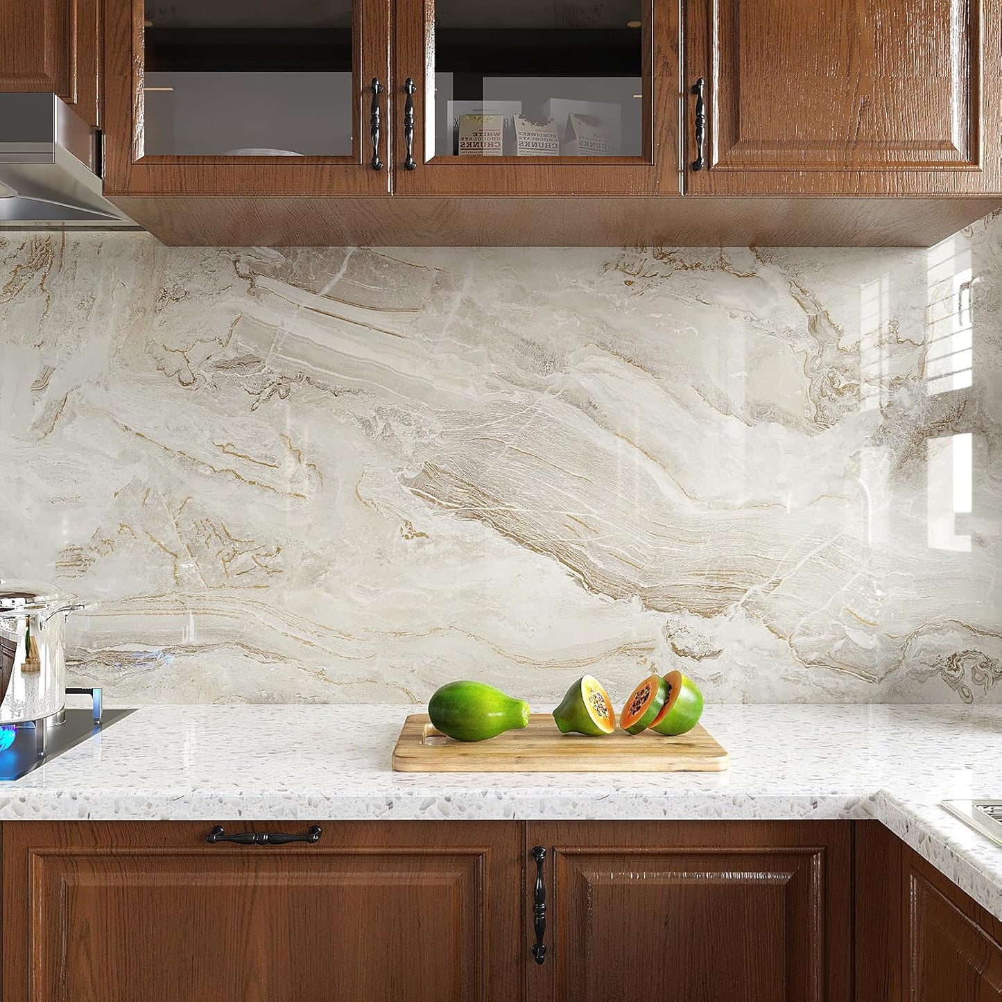 VEELIKE Glossy Beige Gold Liquid Marble Contact Paper for Countertops Waterproof Peel and Stick Countertops for Kitchen Marble Wallpaper 15.7''x354'' Self Adhesive Countertop Vinyl for Bathroom Walls
