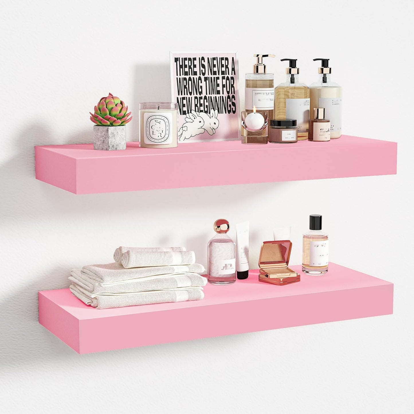 BAMEOS Pink Floating Shelves for Wall, 16" x 6" Wall Shelves for Room, Floating Book Shelves, Hanging Shelves for Bedroom, Bedroom, Living Room, Kitchen (Set of 2)