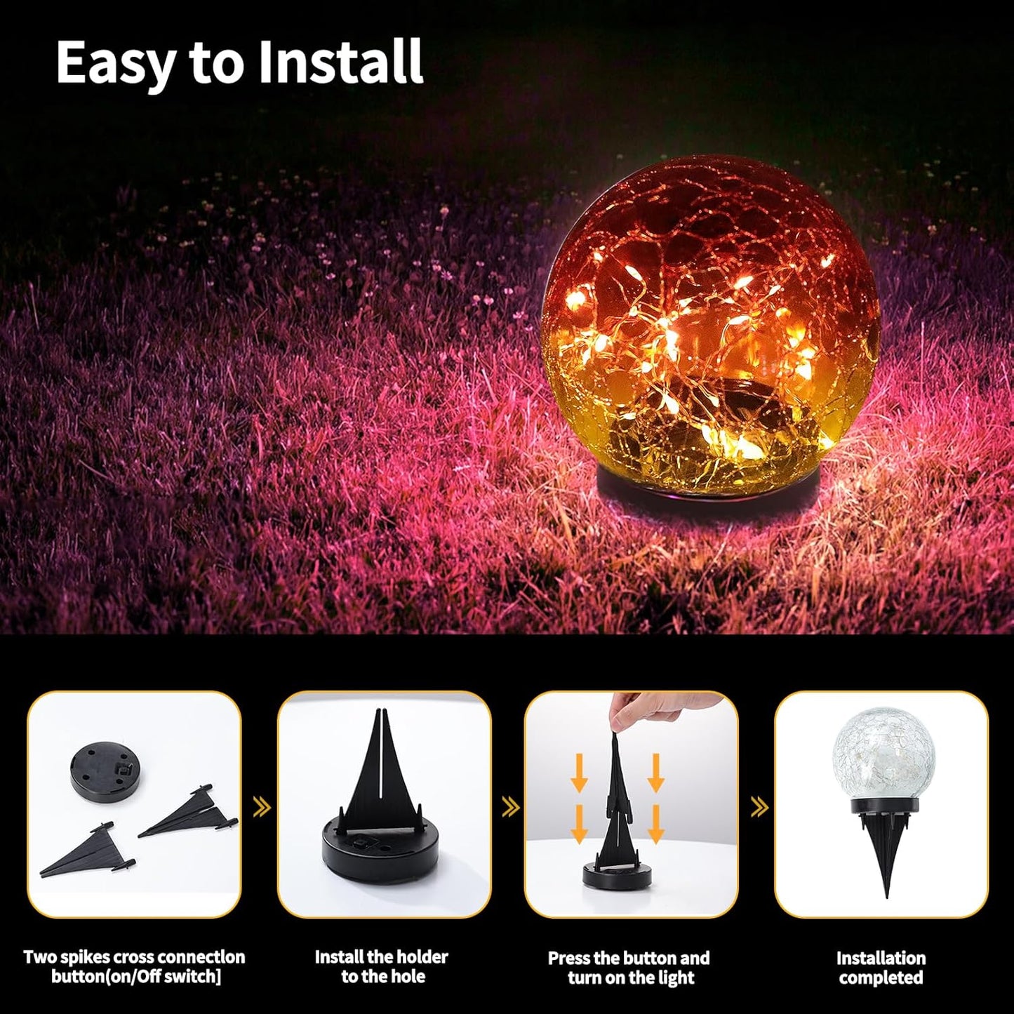 Solar Globe Lights Outdoor Waterproof - Cracked Glass Ball Lights for Garden, Patio, Yard, Lawn and Backyard Decor - Decorative Orbs for Outside