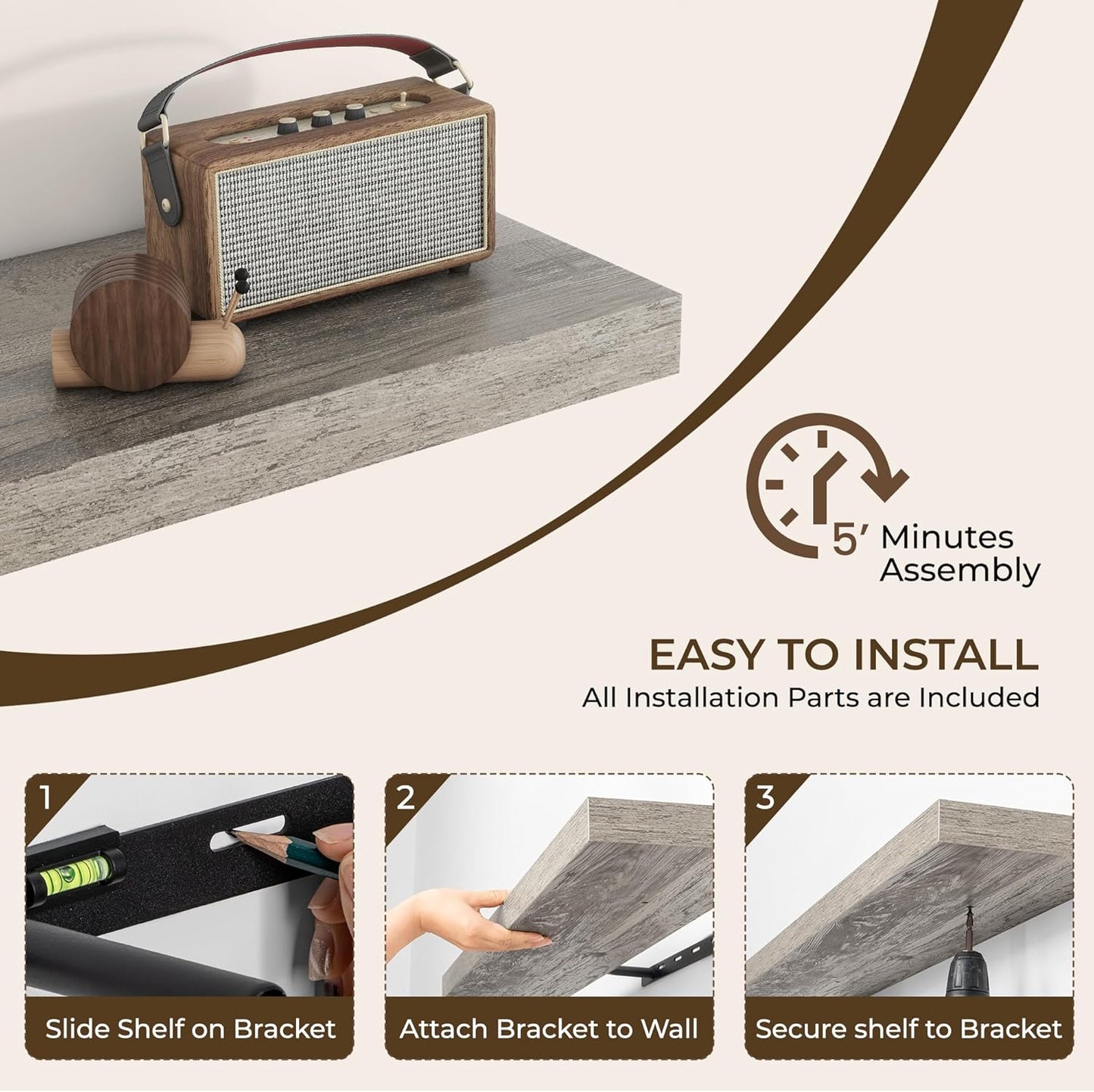 RICHFOCUS 36Inch Floating Shelves for Wall 2 Pack Shelves for Bedroom|Kitchen|Bathroom Wall Mounted Rustic Wood Floating Shelf with Invisible Brackets for Books|Storage|Decor, Grey