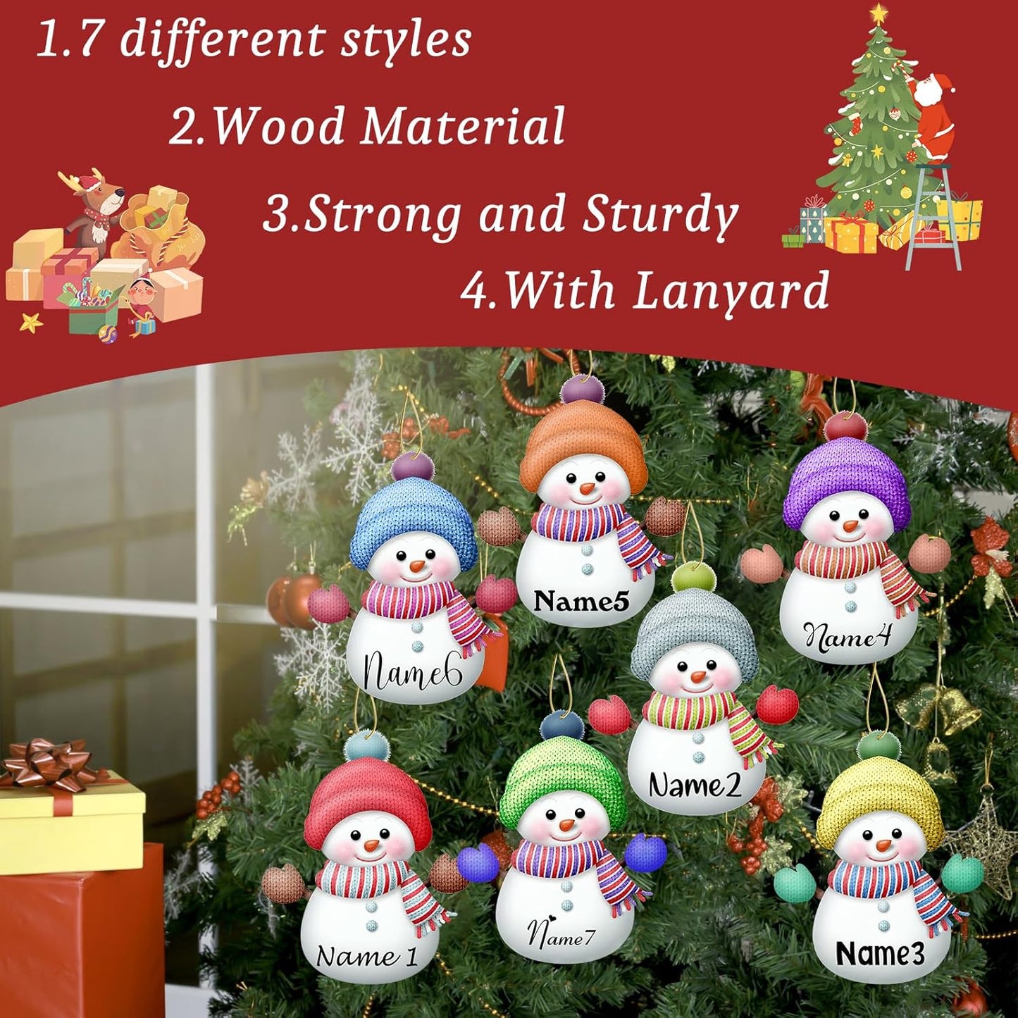 Personalized Christmas Ornaments with Names Snowman Custom Family Ornament Customized Xmas Tree Hanging Wood Decoration Gift 3.15"（8cm） Red