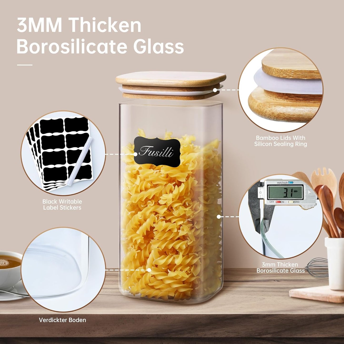 Extra Large Square Glass Flour & Sugar Storage Containers with Airtight Lids, 132 floz & 63 floz - 2 Pack Glass Jars with Bamboo Lids, Air tight Food Storage Containers for Cereal, Pasta, Rice