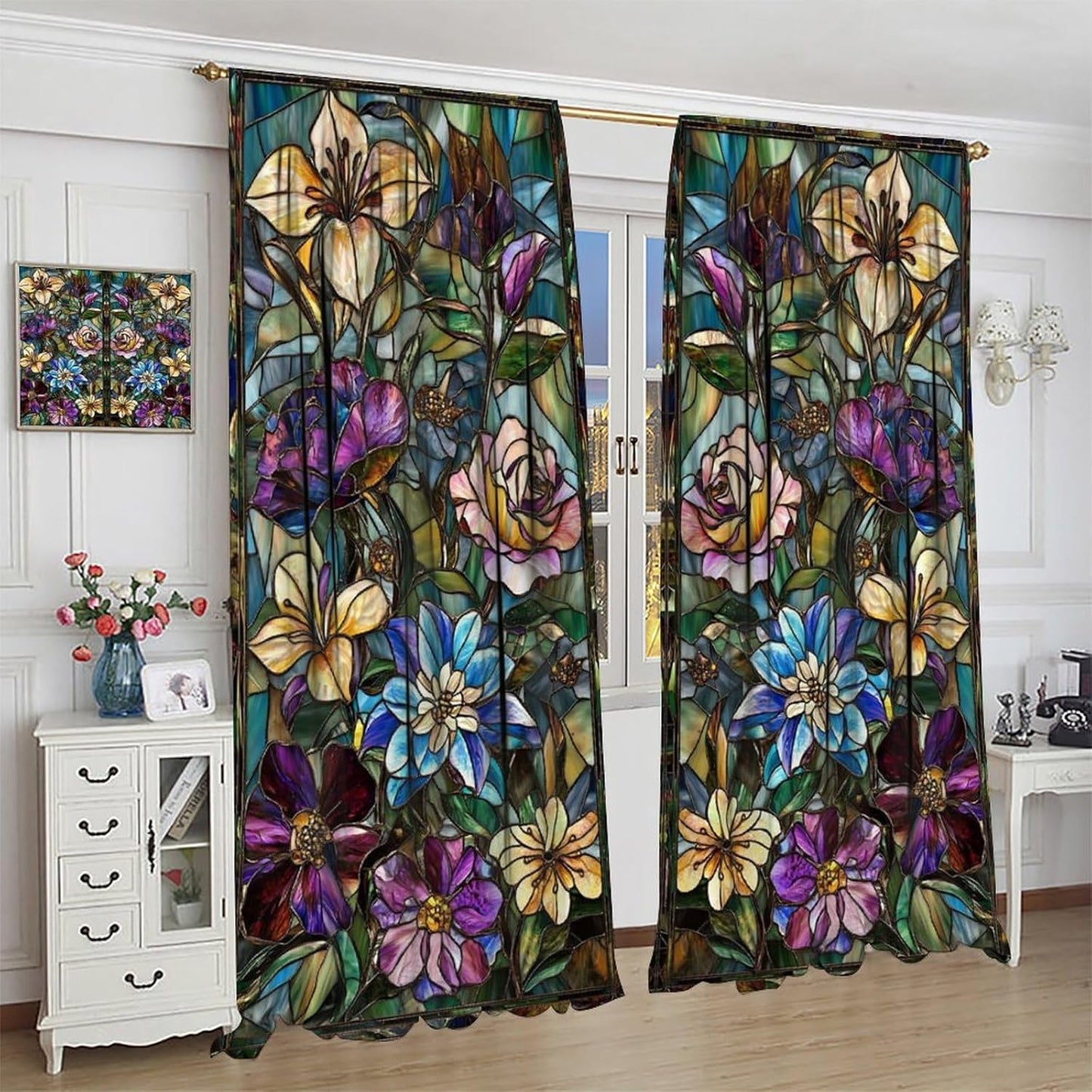 Stained Glass Curtains,Retro Colored Glass Flowers Art Home Decor Drapes for Bedroom Living Room Kitchen Window Treatment 2 Panels Set Total Size 52" W X 84" L Inch
