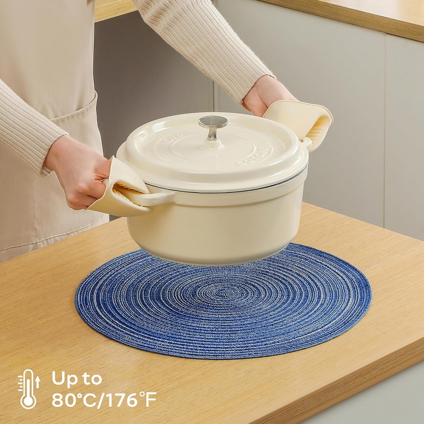 Leetaltree Round Placemats Heat and Slip Resistant Cotton Table Mats, Washable Bohemian Placemats for Dining Tables (Denim Blue, Set of 6)