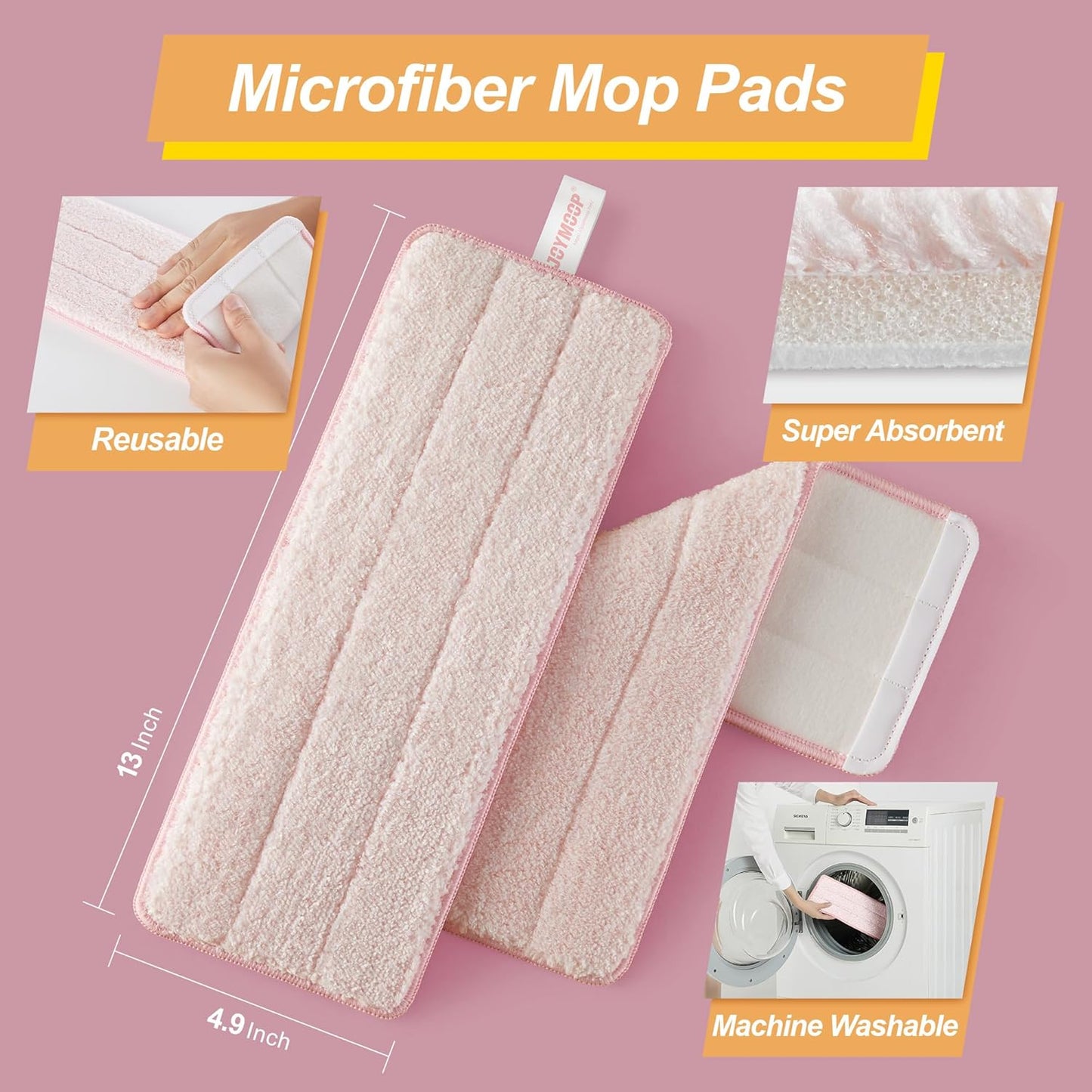 JOYMOOP Pink Mop and Bucket with Wringer Set for Home, with 5 Reusable Microfiber Mop Pads, Hands-Free Self-Cleaning System, Suitable for Floor Cleaning and Wall Cleaner