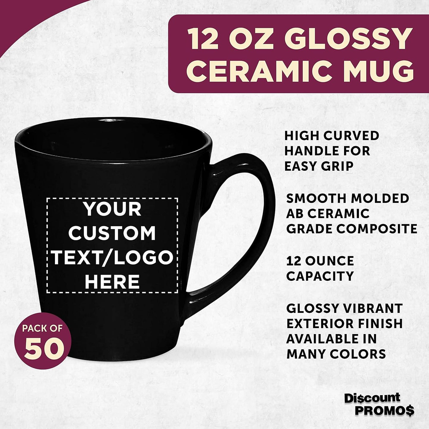 DISCOUNT PROMOS Custom Glossy Ceramic Latte Coffee Mug 12 oz. Set of 50, Personalized Bulk Pack - Perfect for Tea, Espresso, Cappuccino, Hot Cocoa - Black