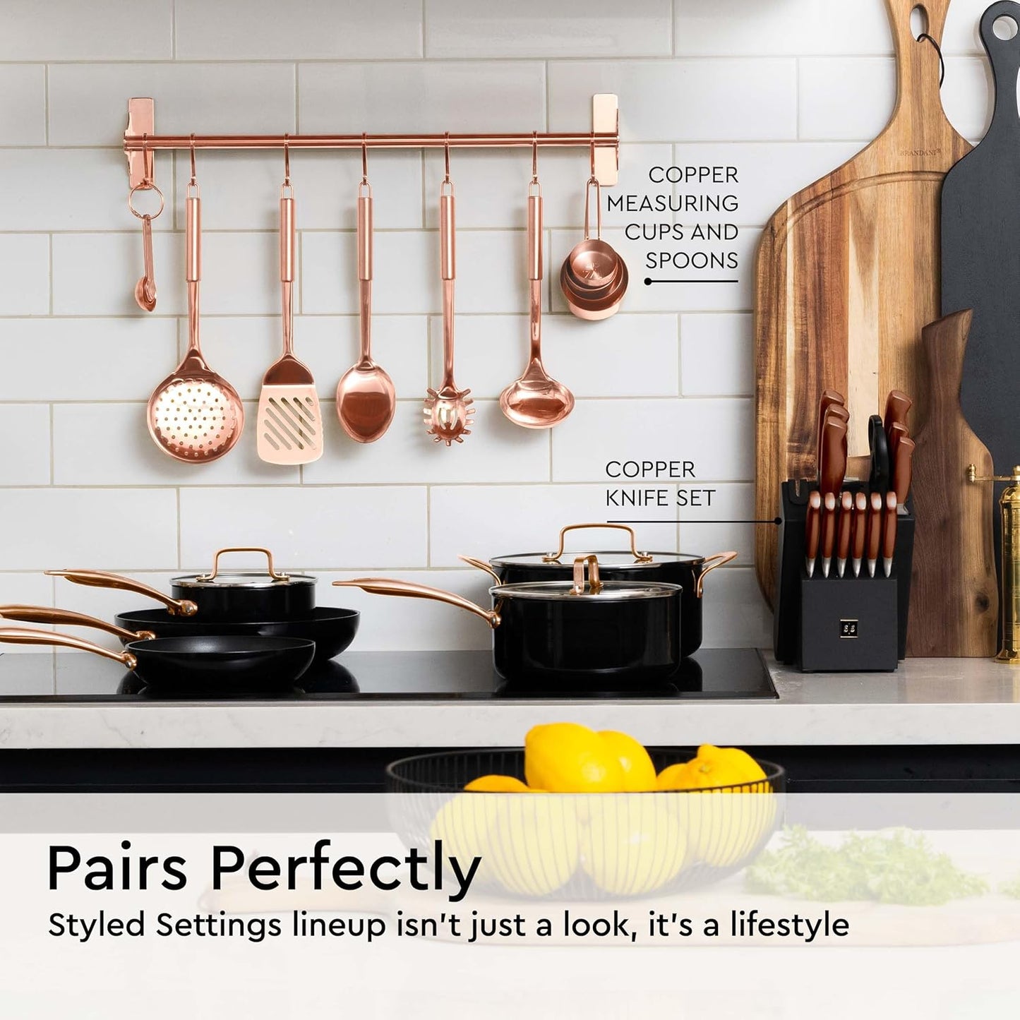 Copper Cooking Utensils Set – 5-Piece Rose Gold Stainless Steel Kitchen Tools for Cooking and Serving Includes Ladle, Spoon, Pasta Fork, Spatula, and Skimmer – Stylish Copper Kitchen Accessories