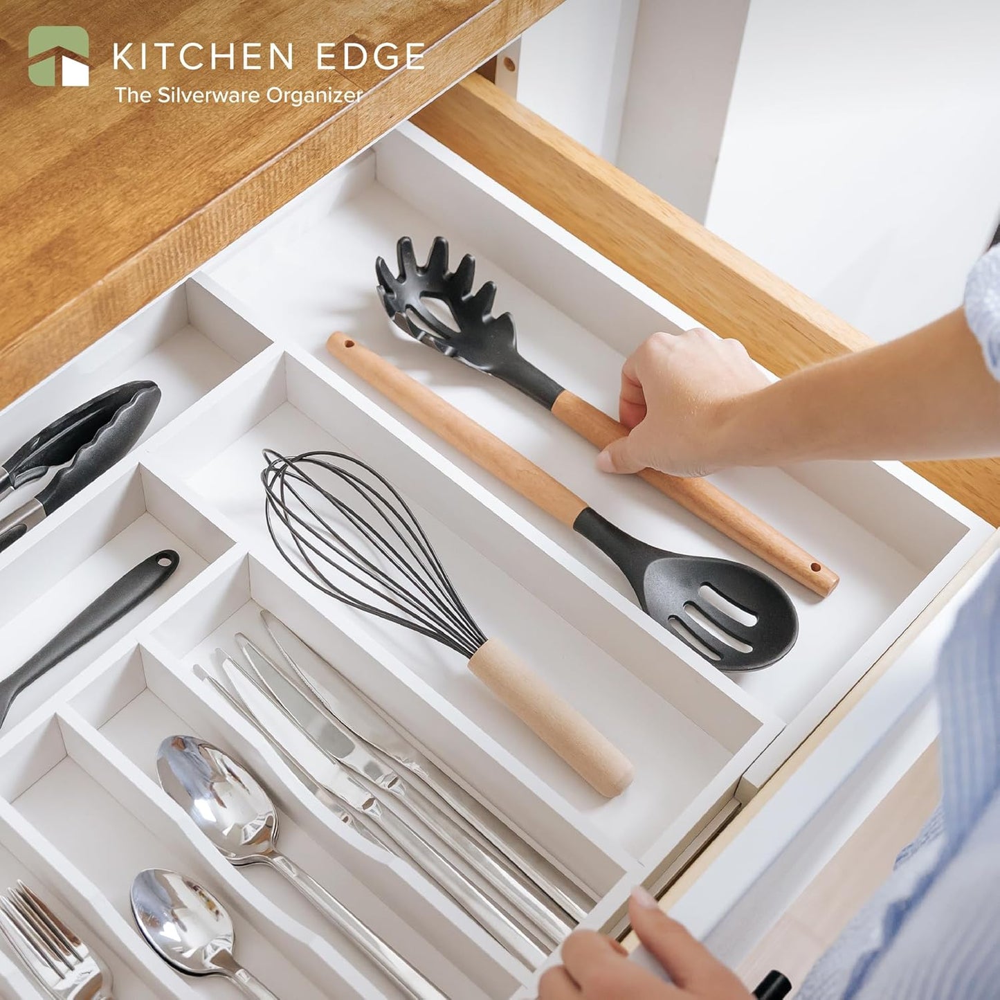 Premium Silverware, Flatware and Utensil Organizer for Kitchen Drawers, Food-Safe Contract Grade, Expandable from 16 to 28 In, White Bamboo