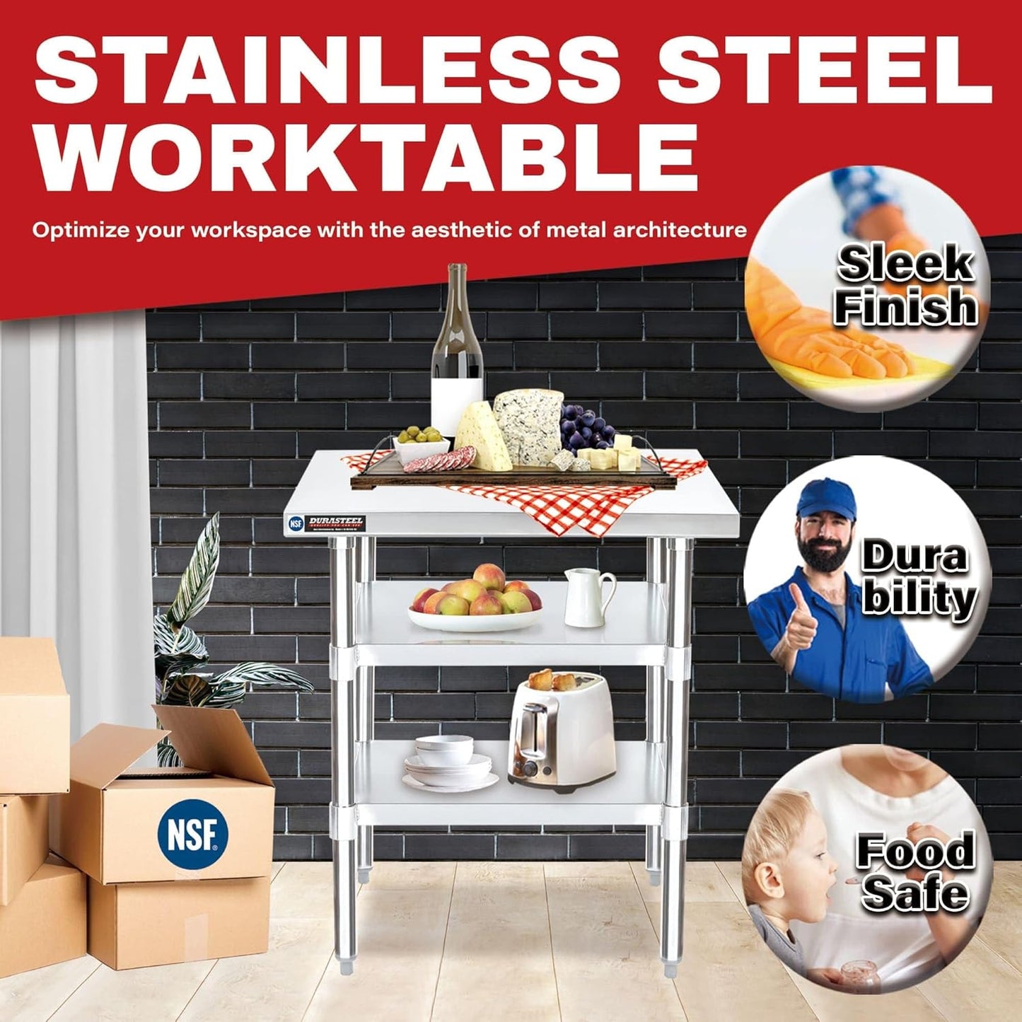 DuraSteel Food Prep Stainless Steel Table - 24 x 30 Inch Commercial Metal Workbench with Adjustable Under Shelf - NSF Certified - for Restaurant, Warehouse, Home, Kitchen, Garage