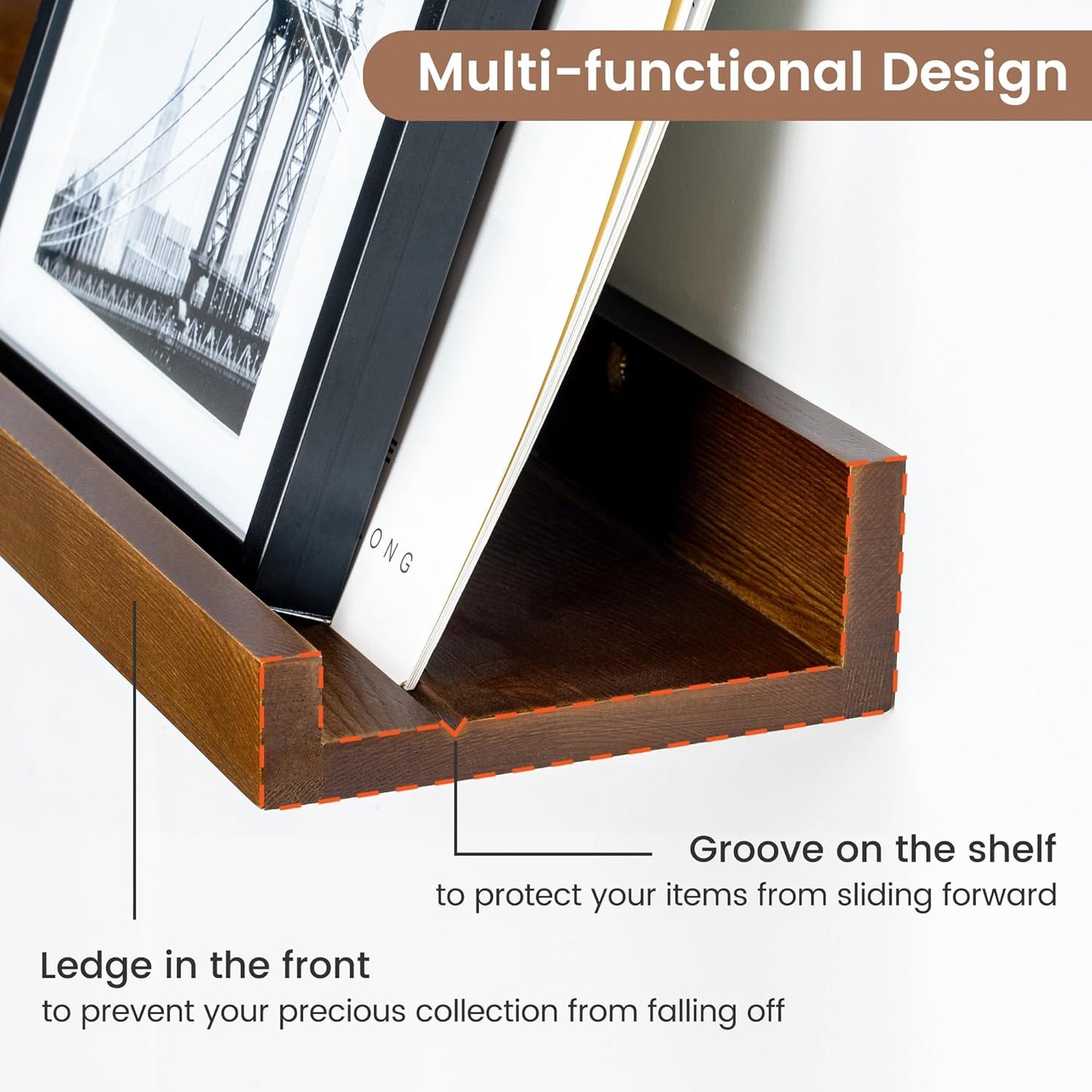 Pine Wood Rustic Floating Ledge Shelves Set of 3, 16 inches Width - Solid Pine, Walnut Finish - Kids' Room to Living Room Wall Decor