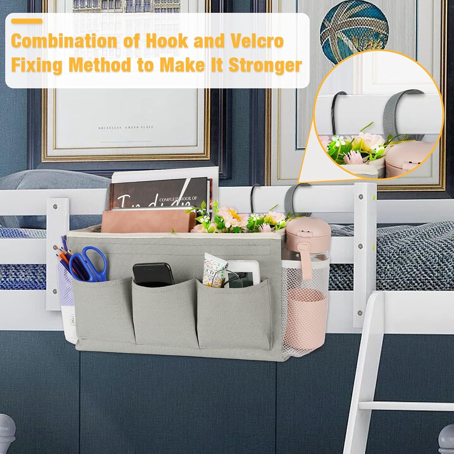 Bedside Storage Organizer with Fixed Straps and Water Bottle Holder for Home, College, Dorm, Bunk / Hospital Bed, Crib Bed Rails (Grey)