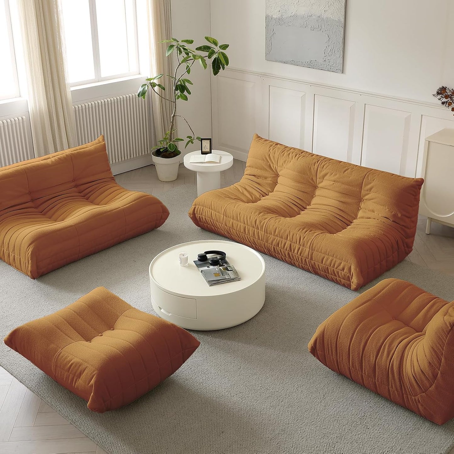 Luxury Ottomans, Modern Square Foot Rest for Sofa Couch Chair, Lazy Floor Seating, Fireside Bean Bag Chair, Tatami Sofa Lounger for Living Room, Bedroom, Office, Brown