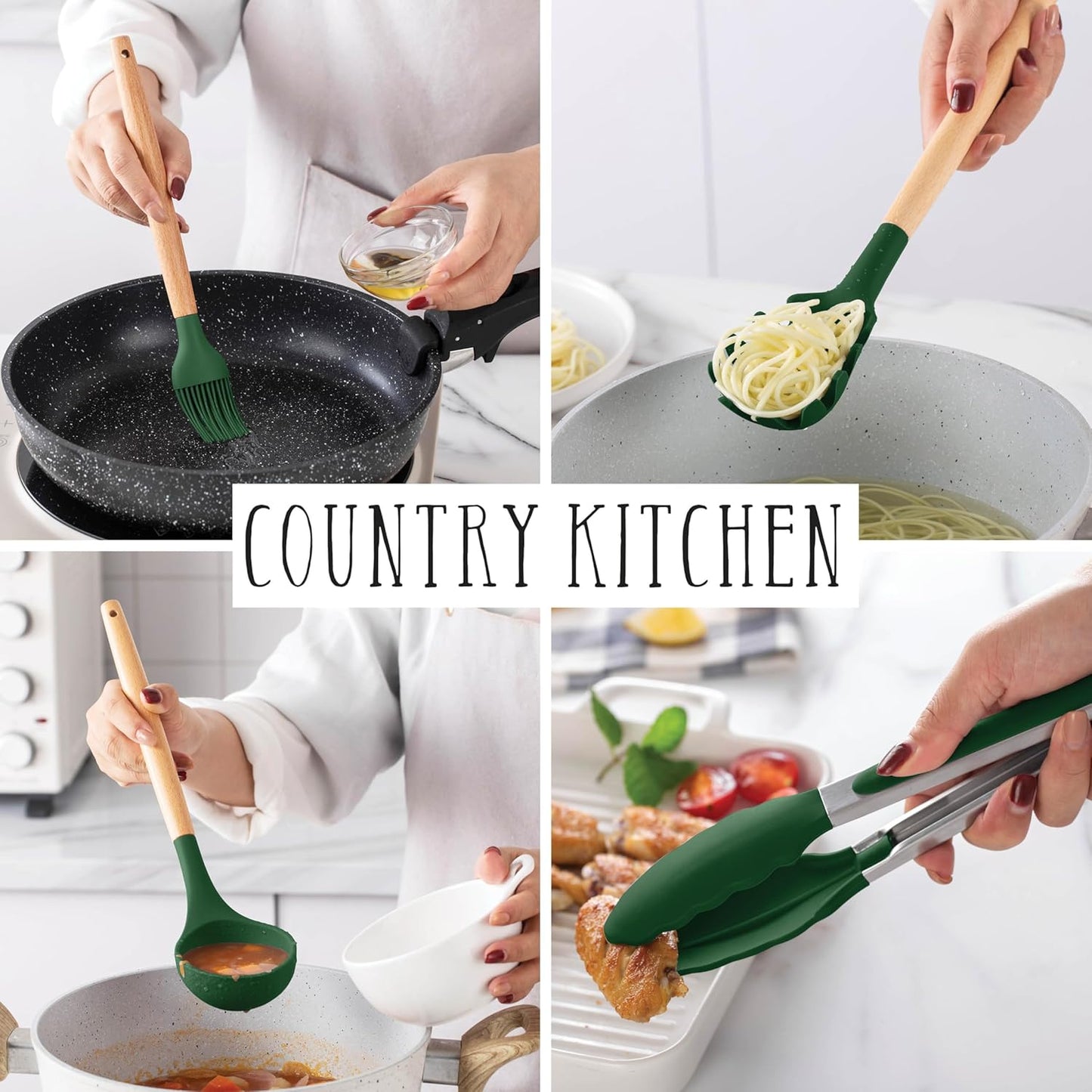 Country Kitchen Non Stick Silicone Utensil Set with Rounded Wood Handles for Cooking and Baking, 14 Piece Set, Green