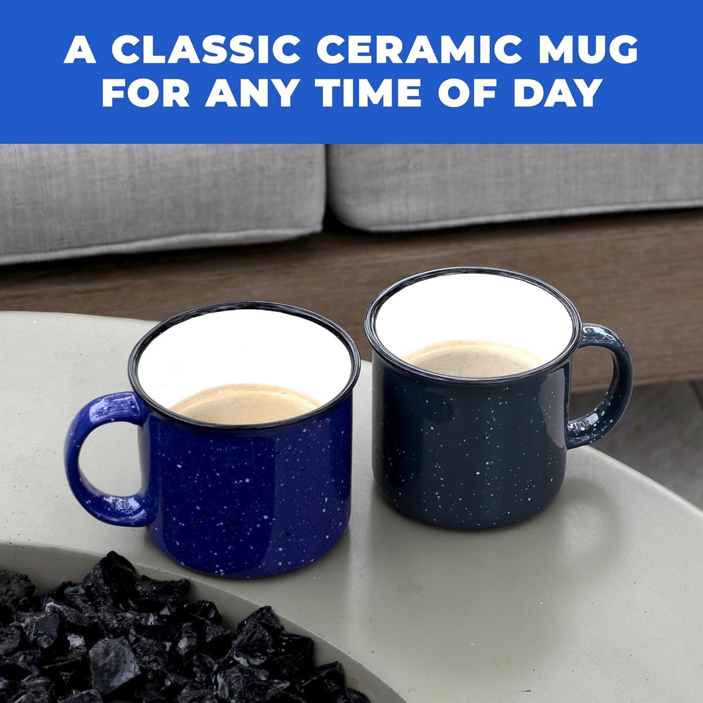 Set of 8 Ceramic Campfire Mugs – 15 Oz, Black – Coffee & Tea Cups for Home, Work, Travel, Camping – Customizable, Great for DIY, Events, Companies