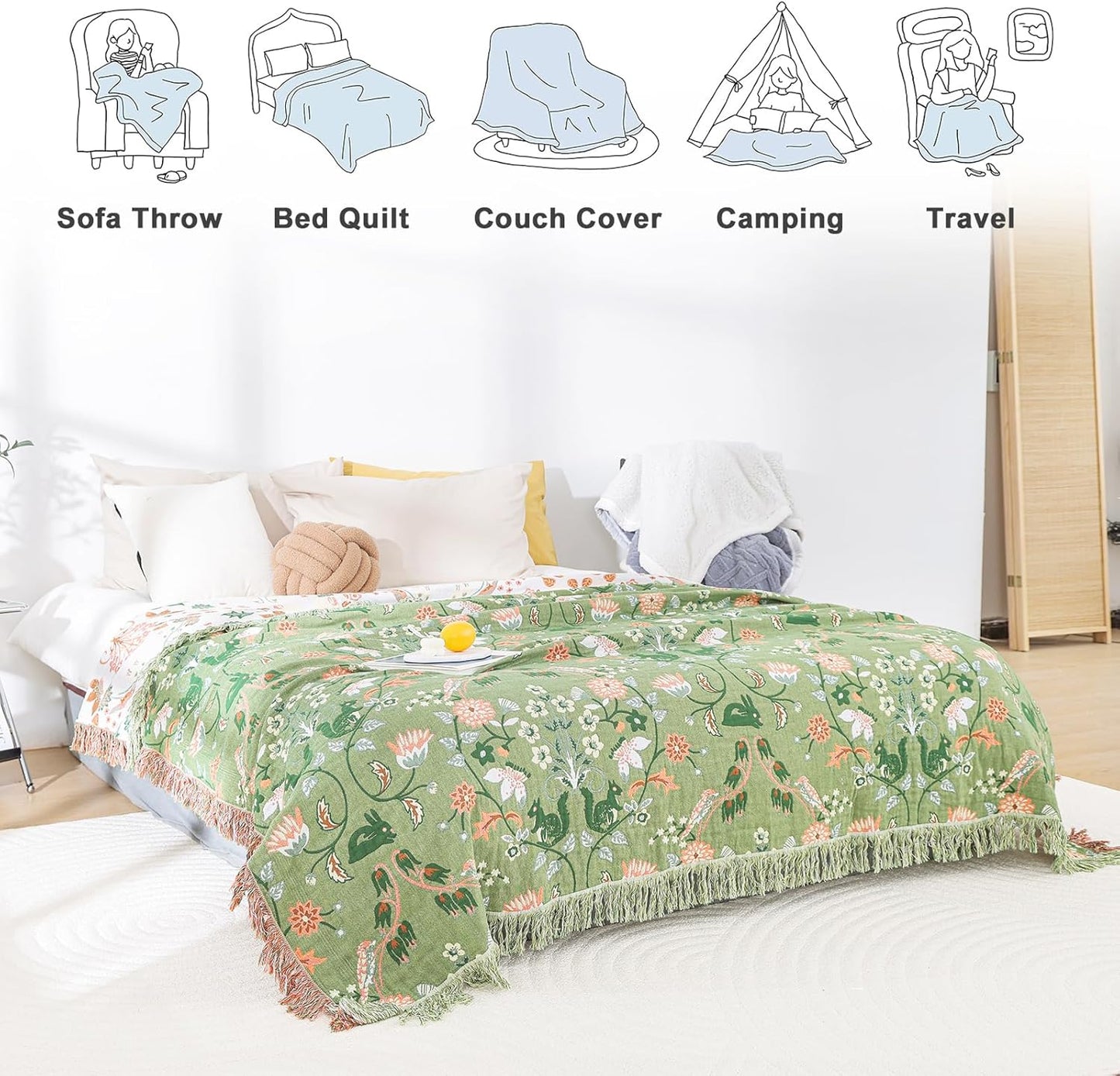 MSGKV Cotton Bed Blanket for Couch and Sofa Blankets for Living Room Bedroom Reversable Florals and Animals Throw 80"x90" Breathable Cozy Boho Blankets