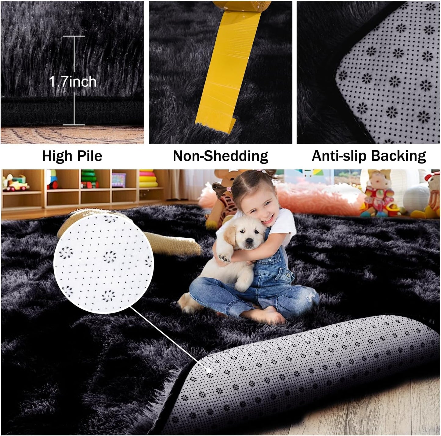 Rezutan Area Rugs 8x10 Living Room, Large Fluffy Rug for Bedroom, Soft Shag Shaggy Fuzzy Carpets for Boys and Girls Dorm Room Home Decor Aesthetic,Black Grey Tie-Dyed.