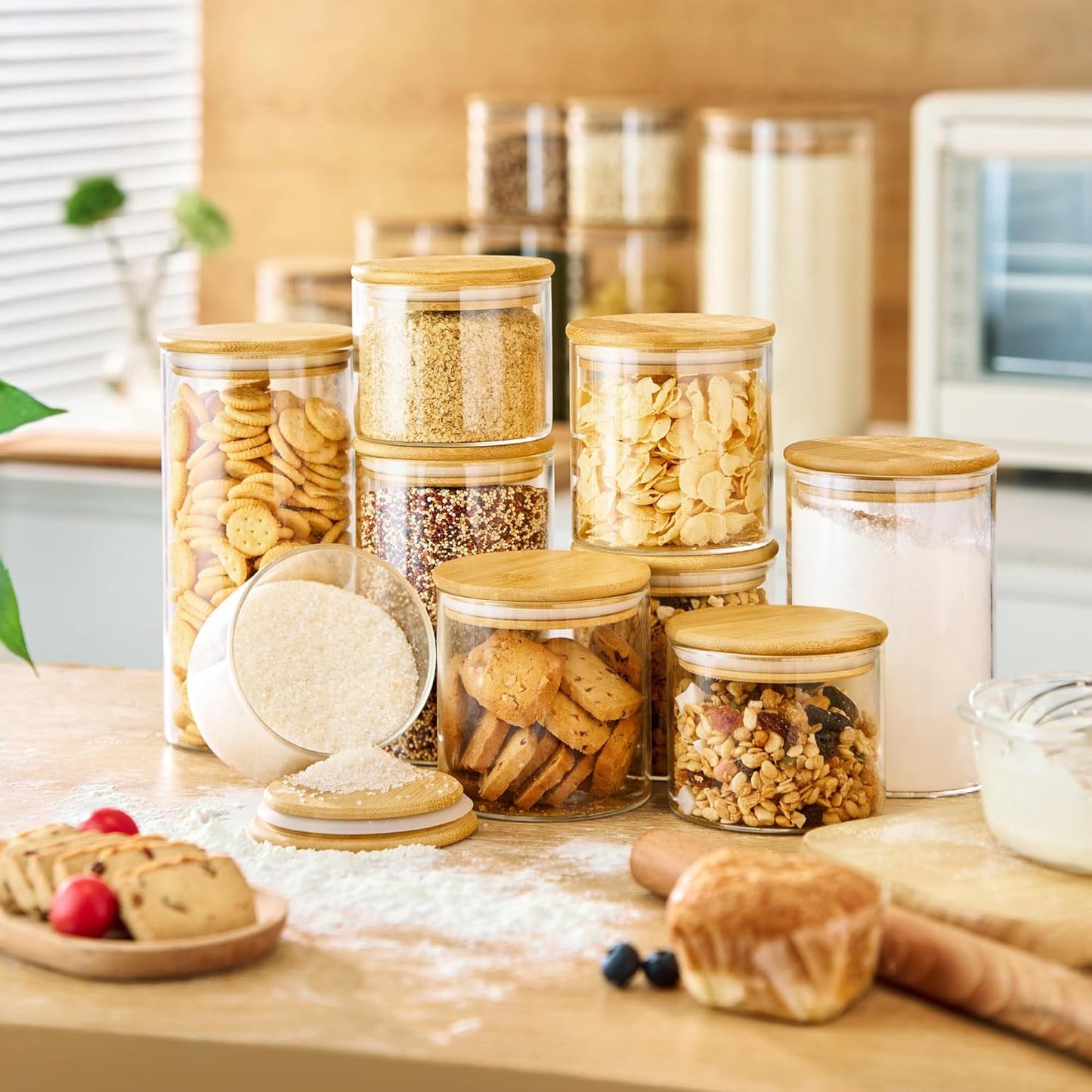 21oz - 4 Pack Glass Jars with Bamboo Lids, Glass Food Storage Containers with Airtight Lids, Air Tight Pantry Storage Containers for Coffee, Sugar, Spice, Meal Prep Jars for Salad & Fruit