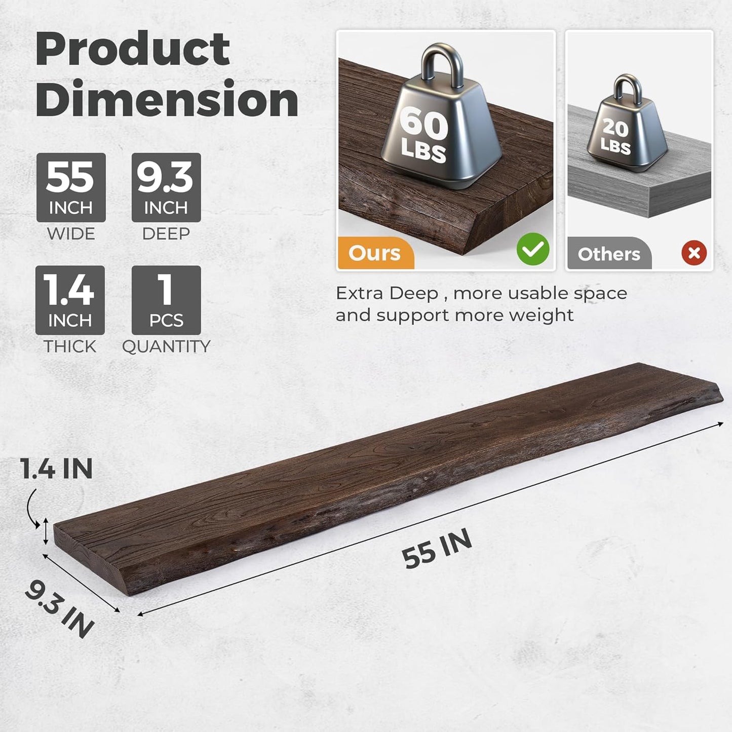 RICHFOCUS Live Edge Elm Floating Shelves - 55" W x 9.3" D Rustic Solid Wood Wall Shelves with Invisible Bracket, Wall-Mounted for Living Room, Bedroom, Kitchen Storage & Display, Set of 1, Walnut