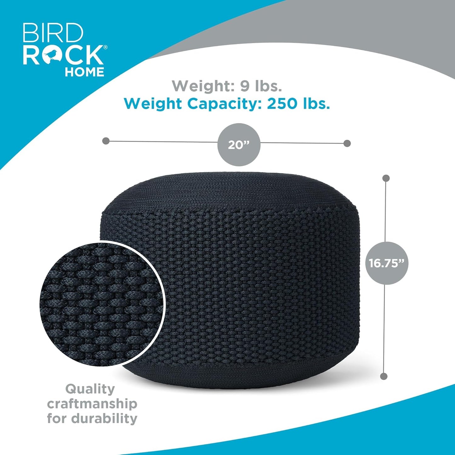 BIRDROCK HOME Outdoor Pouf Ottoman | Hand Woven Waterproof Foot Stool with Bead Bag Filling | Boho Foot Rest for Patio, Living Room, Porch & Outdoor Seating | Lightweight, Soft Stuffed Chair | Navy