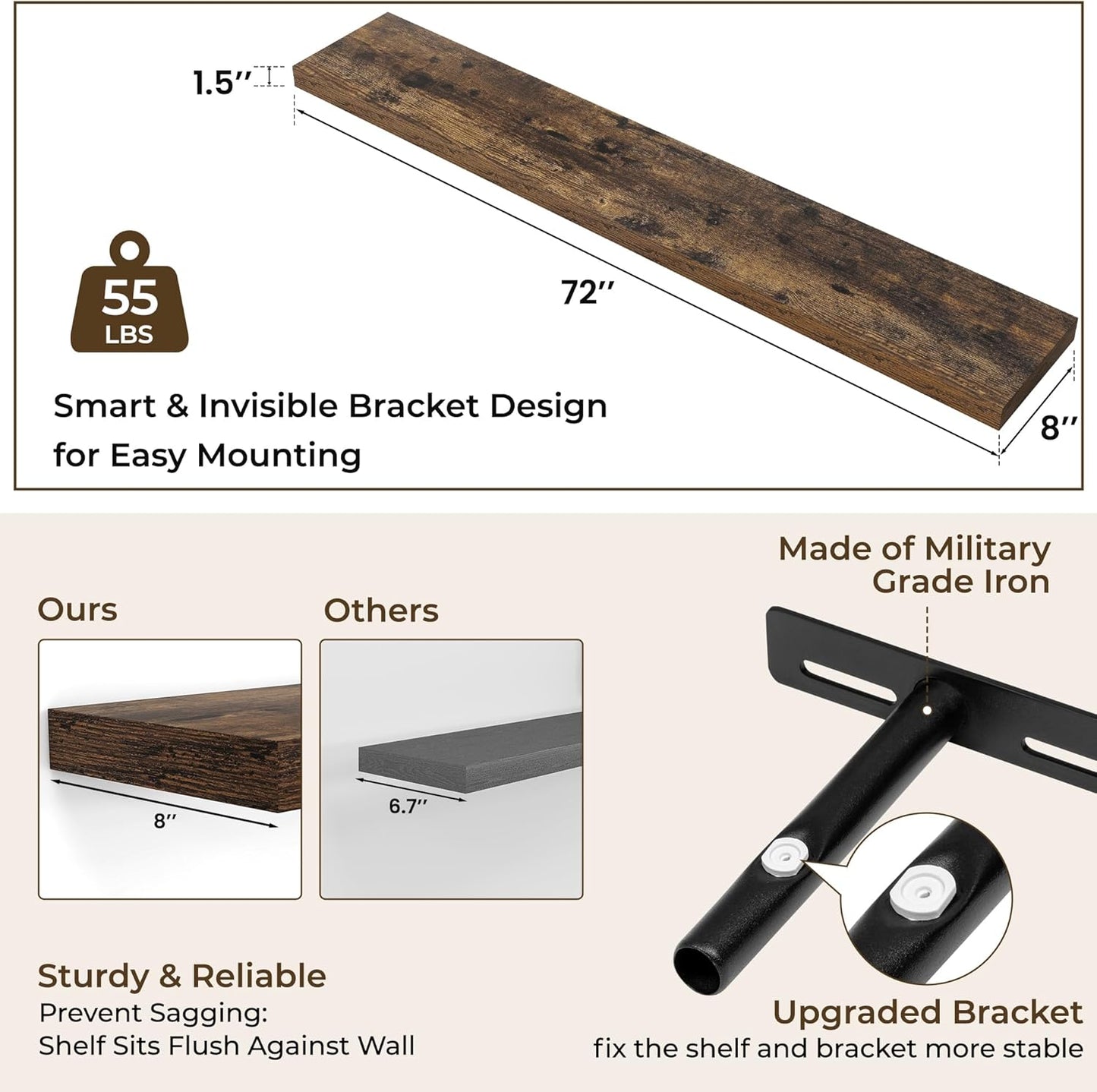 RICHFOCUS 72Inch Floating Shelves for Wall 1 Pack Shelves for Bedroom|Kitchen|Bathroom Wall Mounted Rustic Wood Floating Shelf with Invisible Brackets for Books|Storage|Decor, Rustic Brown
